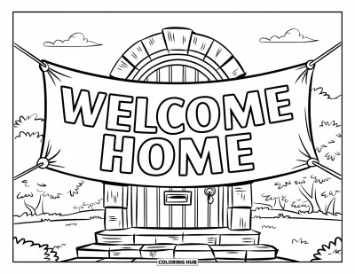 Välkommen hem-målarbild för barn: Stentrappa och valvgång leder till en dörr med ett stort "Welcome Home"-band