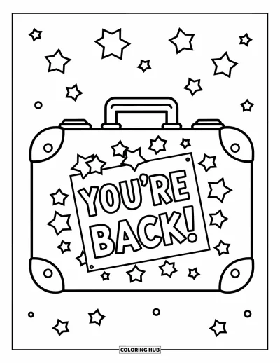 Välkommen hem-målarbild för barn: Resväska omgiven av spridda stjärnor och ett "You're Back!"-meddelande