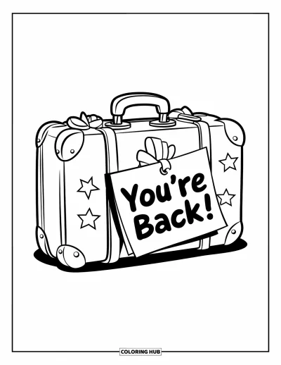 Välkommen hem-målarbild för barn: Resväska med stjärnor runt och en glad "You're Back!"-lapp
