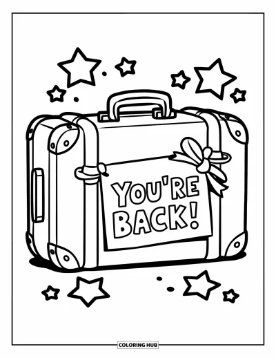 Välkommen hem-målarbild för barn: Resväska med stjärnor och bandbunden lapp med "You're Back!" på marken