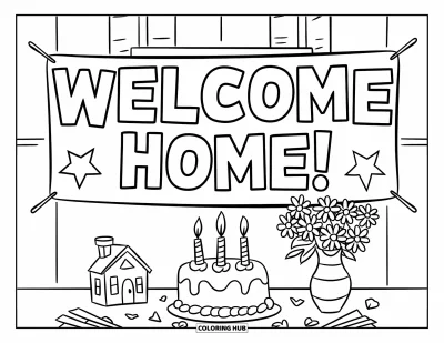 Välkommen hem-målarbild för barn: Bord med tårta, blommor, husdekor och stort "Welcome Home!"-band