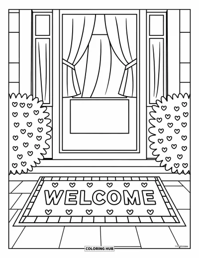 Välkommen hem-målarbild för barn: Dörrmatta med texten "Welcome" i bokstäver, hjärtan och växter vid dörren