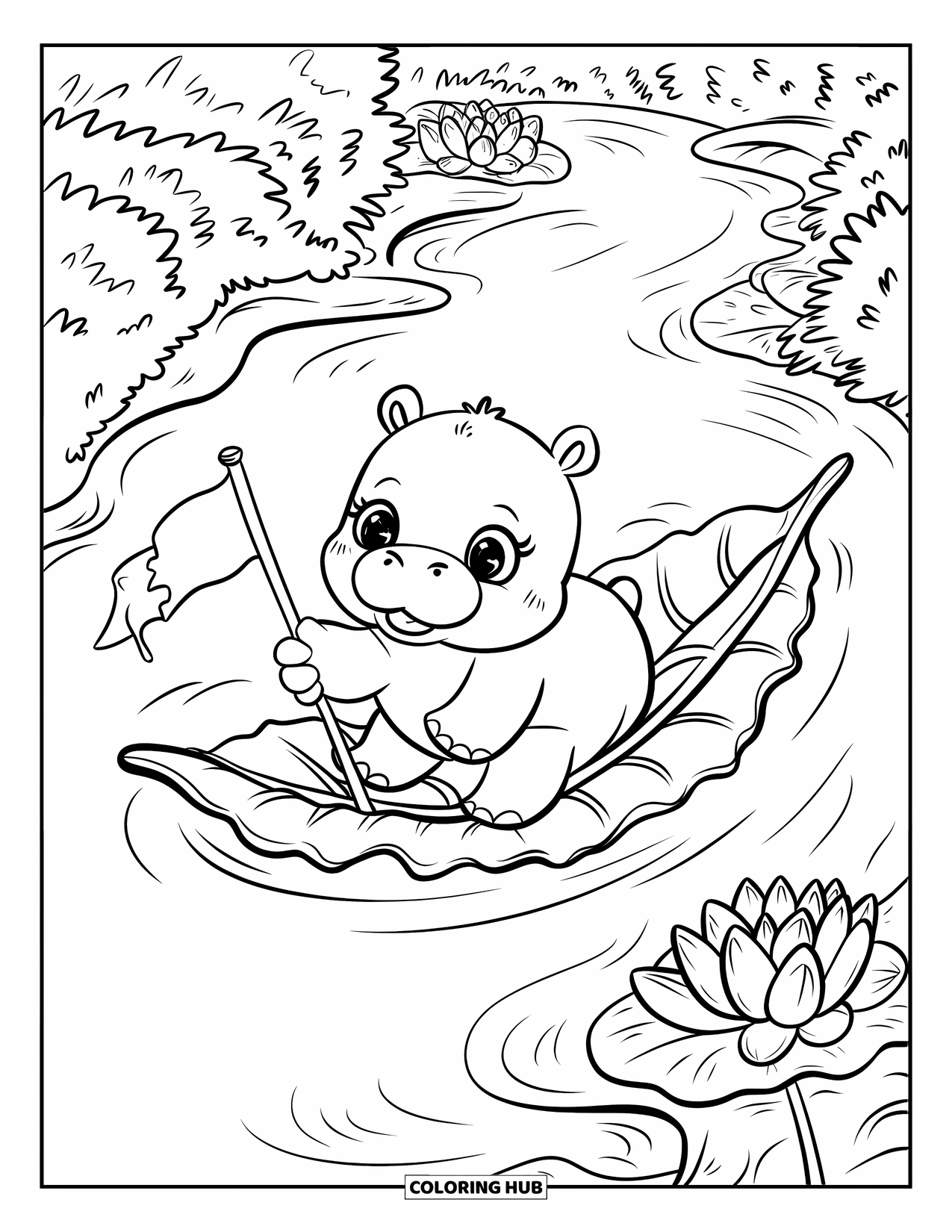 Wild Animal Coloring Page for Adults: A baby hippo floats on a leaf raft with a twig flag and lotus flowers around