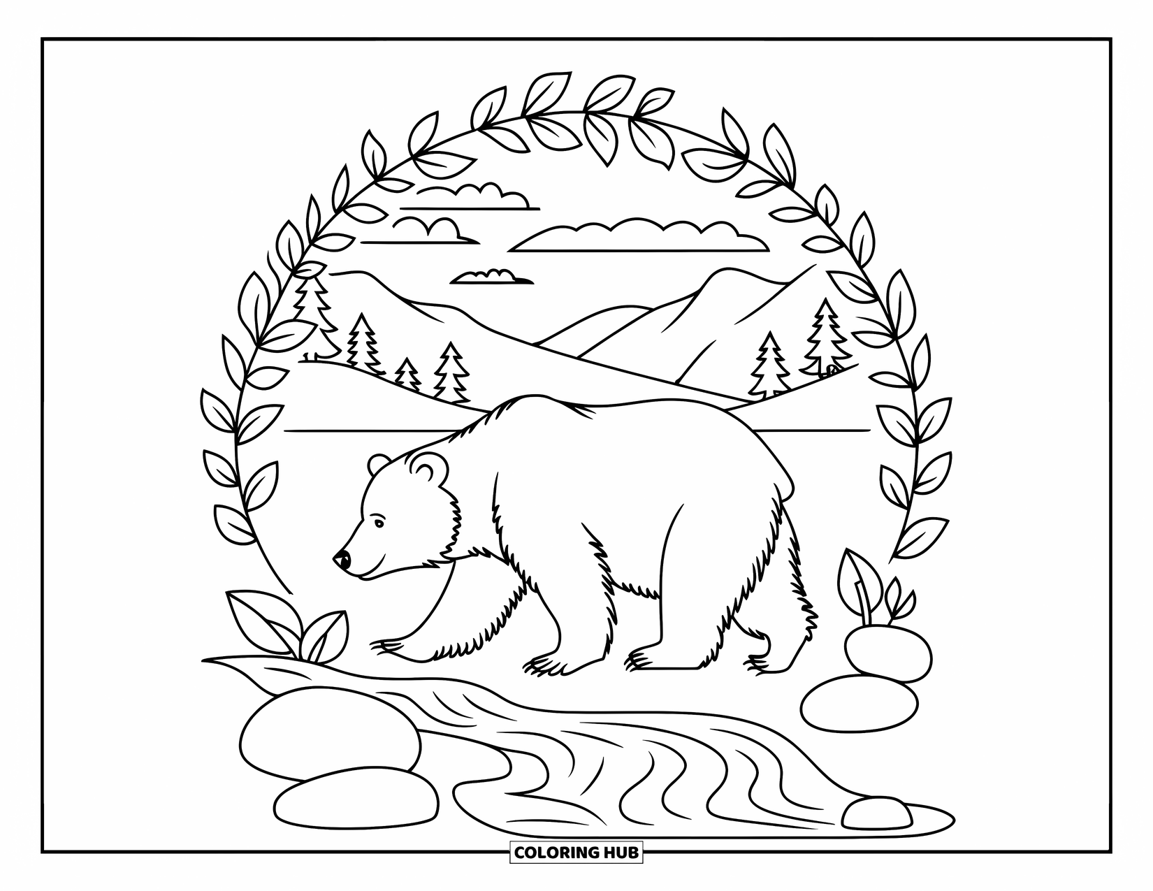 Wild Animal Coloring Page for Adults: A bear strolls along a stream framed by stones, leaves, mountains, and trees
