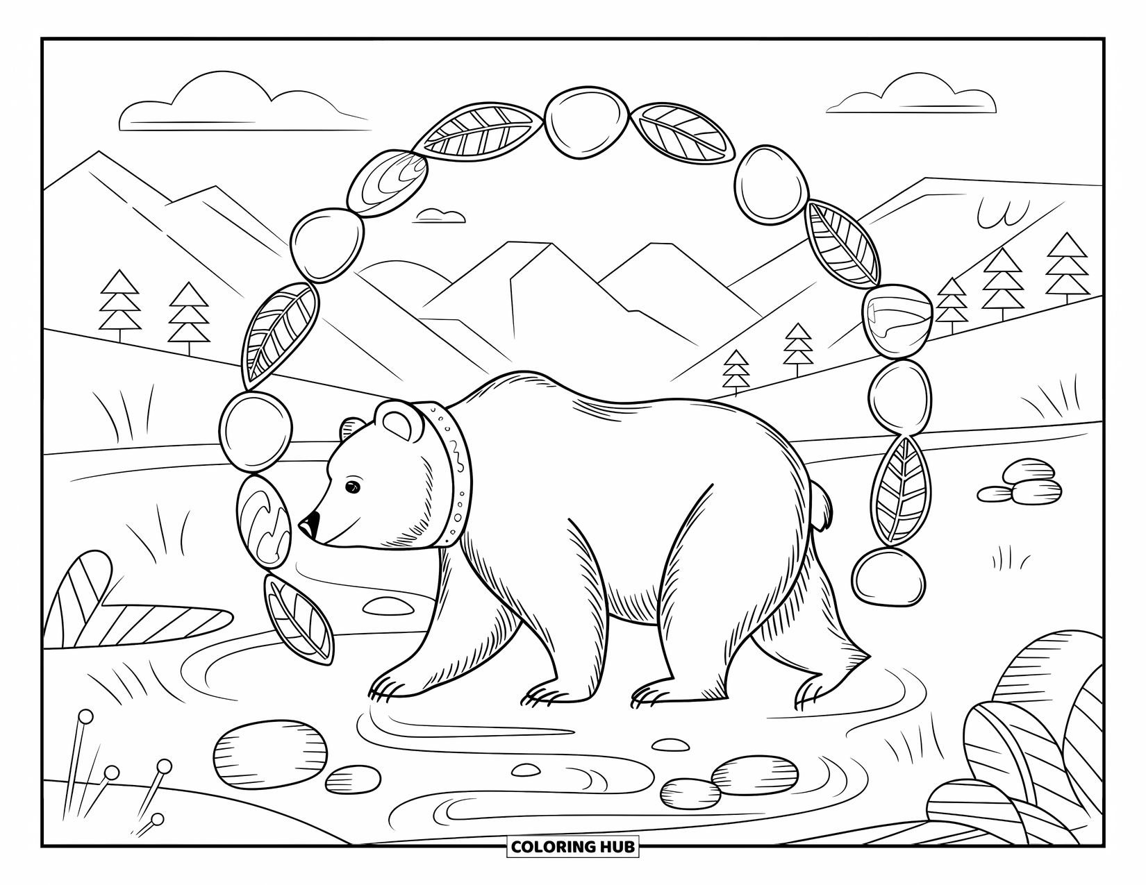 Wild Animal Coloring Page for Adults: A bear with a collar walks by a stream with a leafy stone frame and mountains