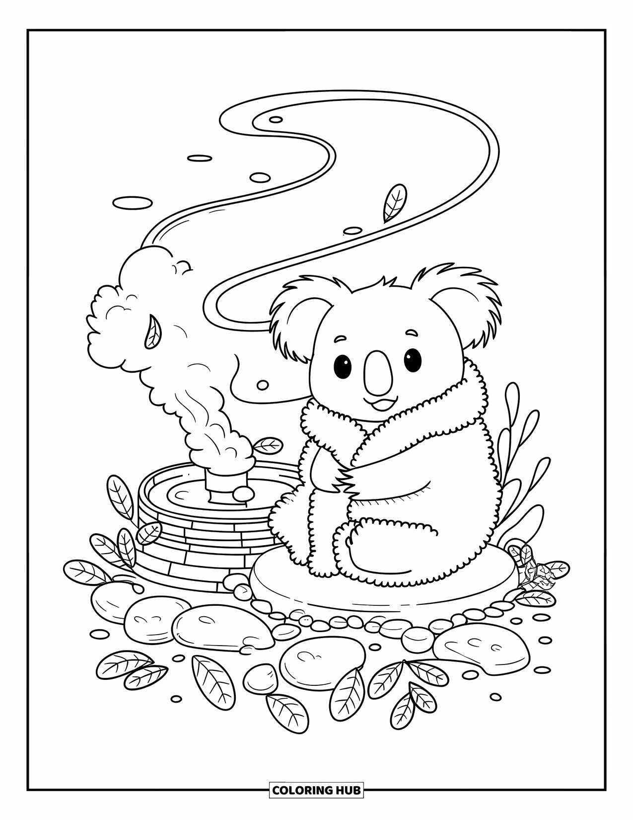 Wild Animal Coloring Page for Adults: A cozy koala wrapped in a towel sits by a forest hot spring with pebbles and spiraling leaves