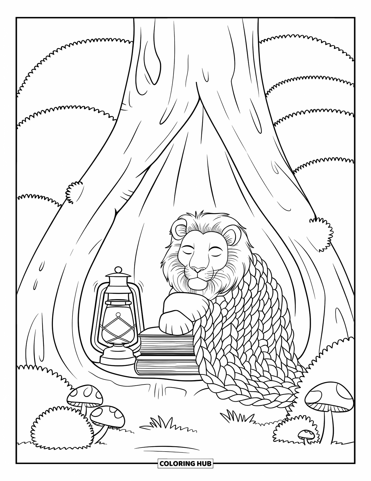 Wild Animal Coloring Page for Adults: A cozy lion wrapped in a blanket rests in a tree den with lantern, comics, bushes, and mushrooms