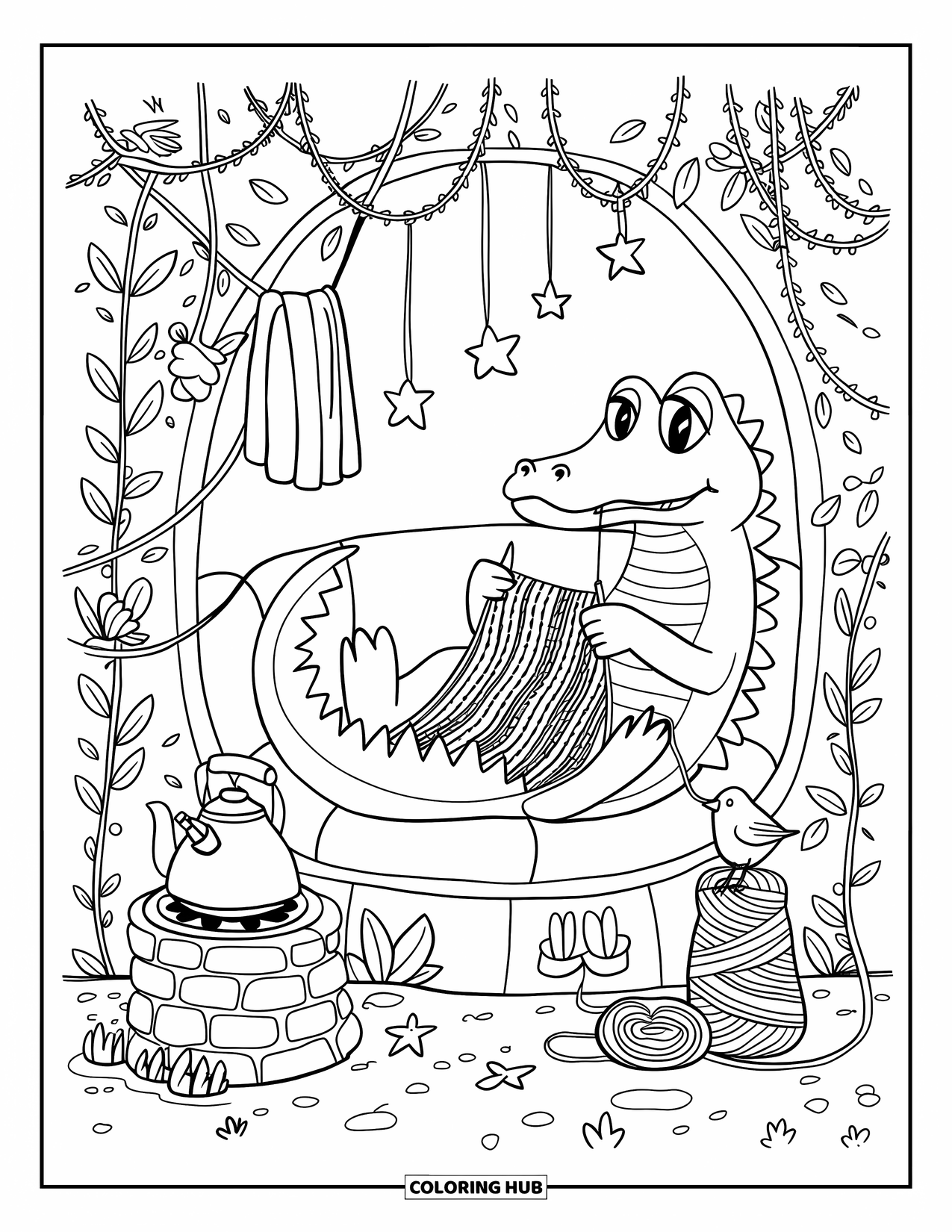 Wild Animal Coloring Page for Adults: A crocodile knits a scarf in a jungle nook with vines, tea, a bird, and stars above