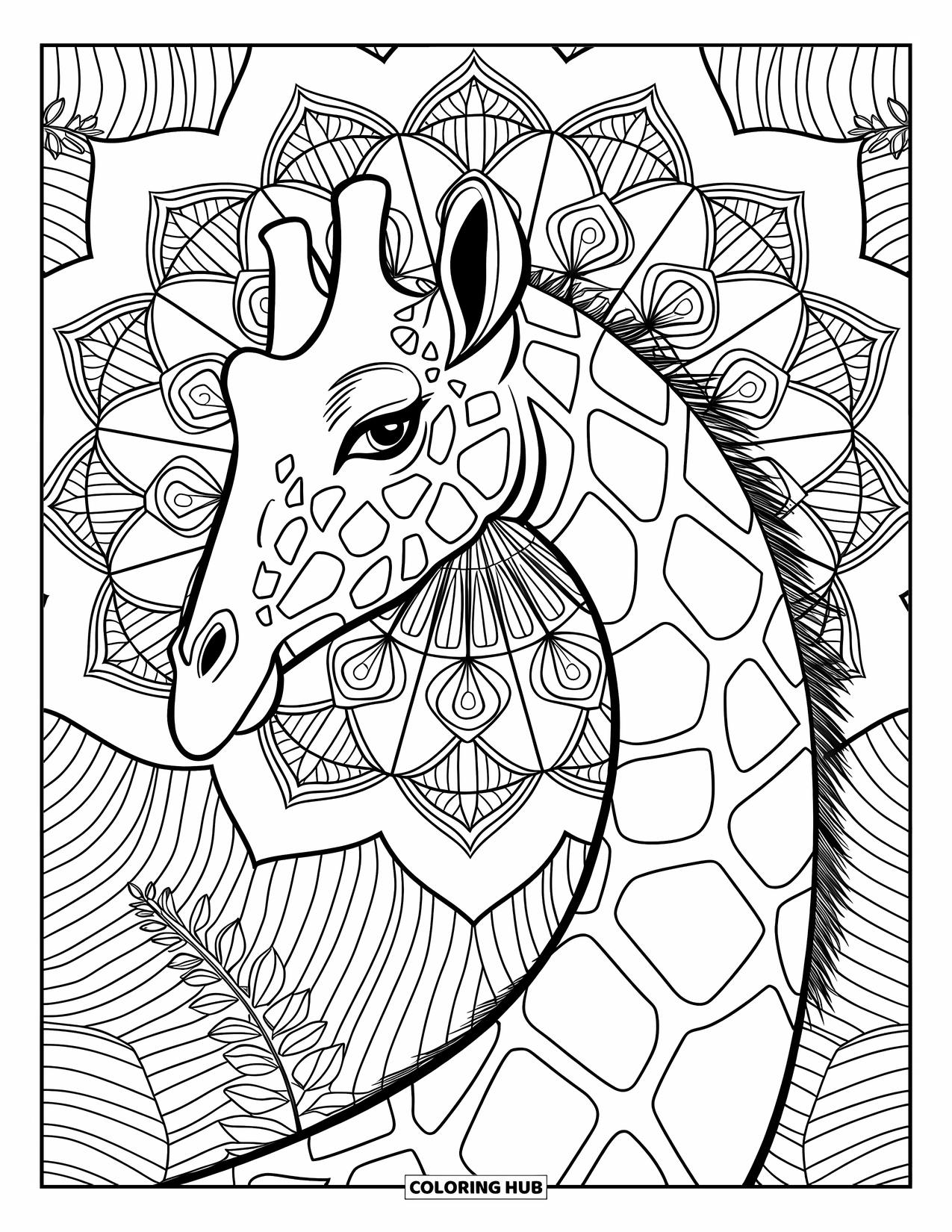 Wild Animal Coloring Page for Adults: A giraffe turns its head beside mandala shapes and layered fern leaves