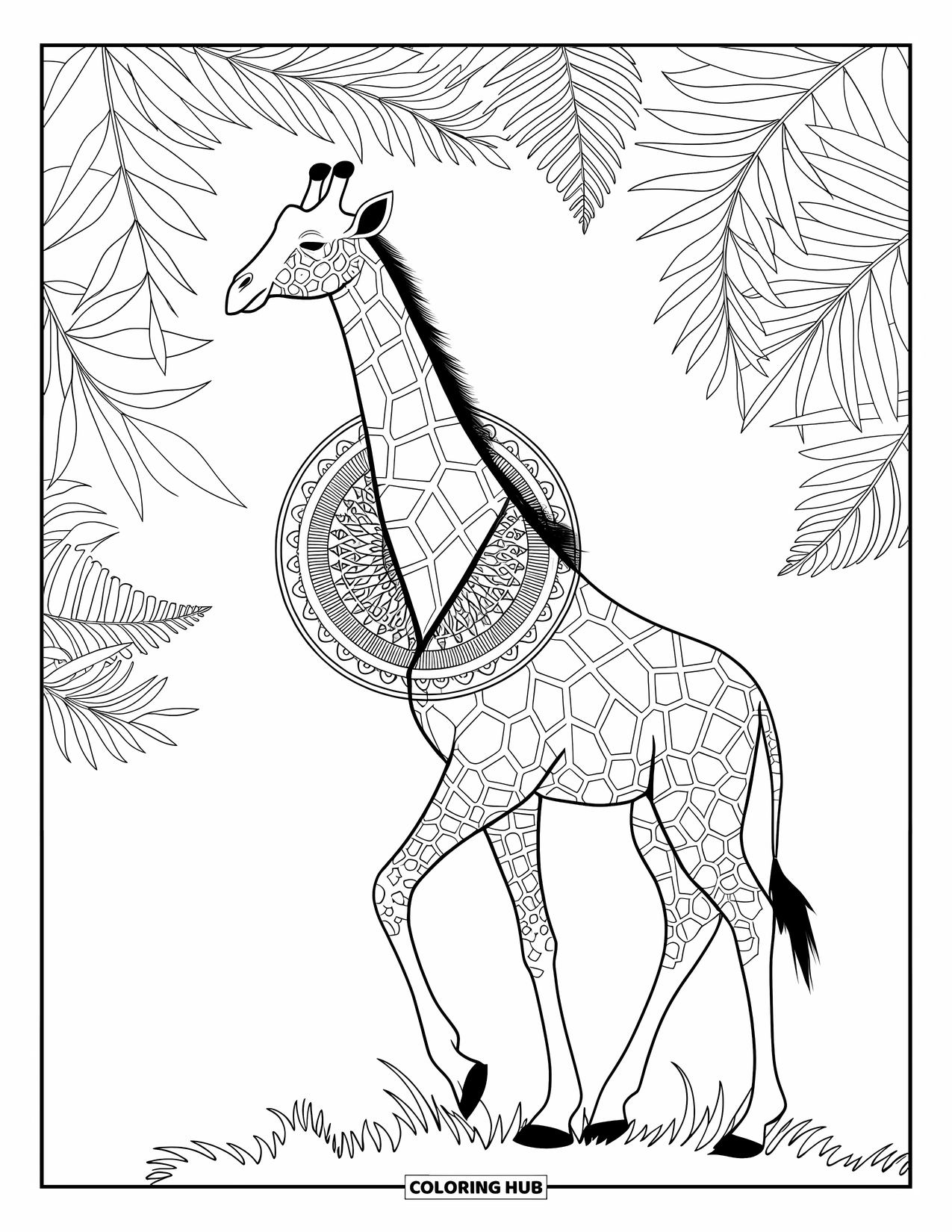 Wild Animal Coloring Page for Adults: A giraffe with a mandala on its neck stands among layered fern leaves