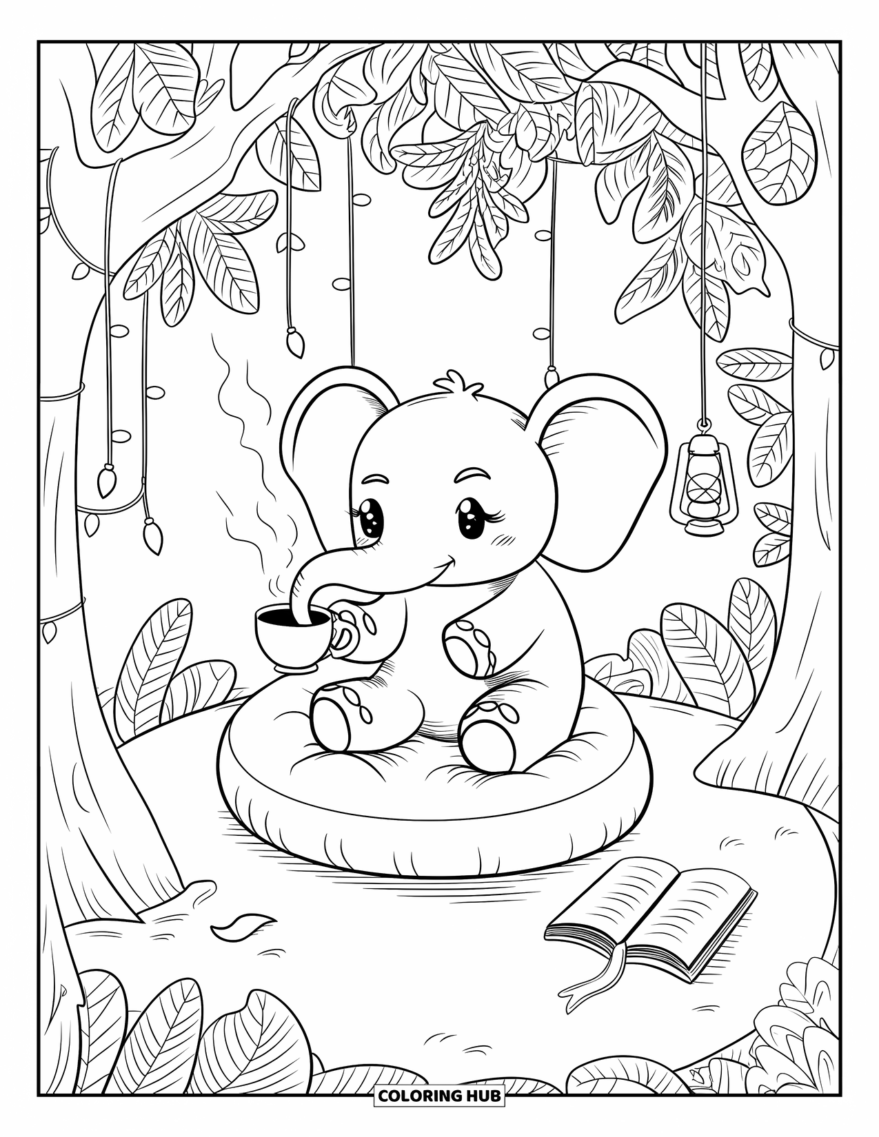 Wild Animal Coloring Page for Adults: A kawaii elephant sits under a forest canopy with tea, fairy lights, an open book, and lantern