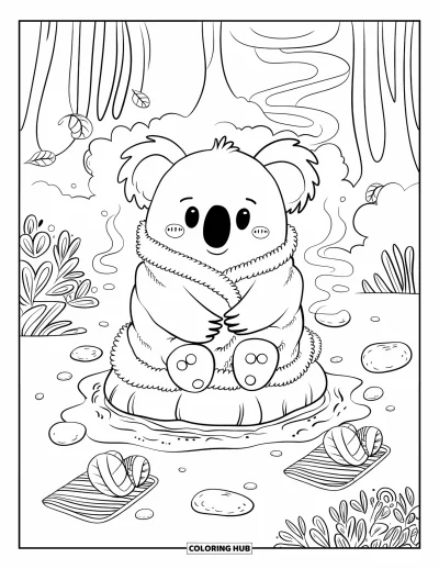 Omalovánka divokých zvířat pro dospělé: Kawaii koala v ručníku sedí na teplém kameni u parního lesního horkého pramene
