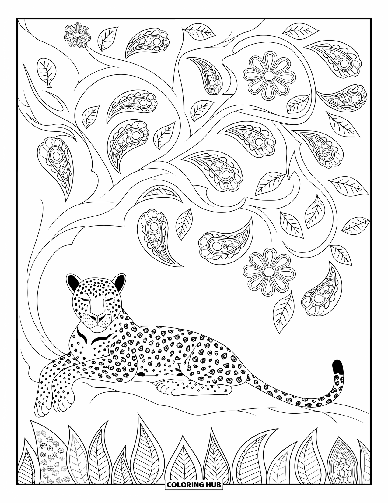 Wild Animal Coloring Page for Adults: A leopard sits on a rock under a flowering tree surrounded by patterned leaves and flowers