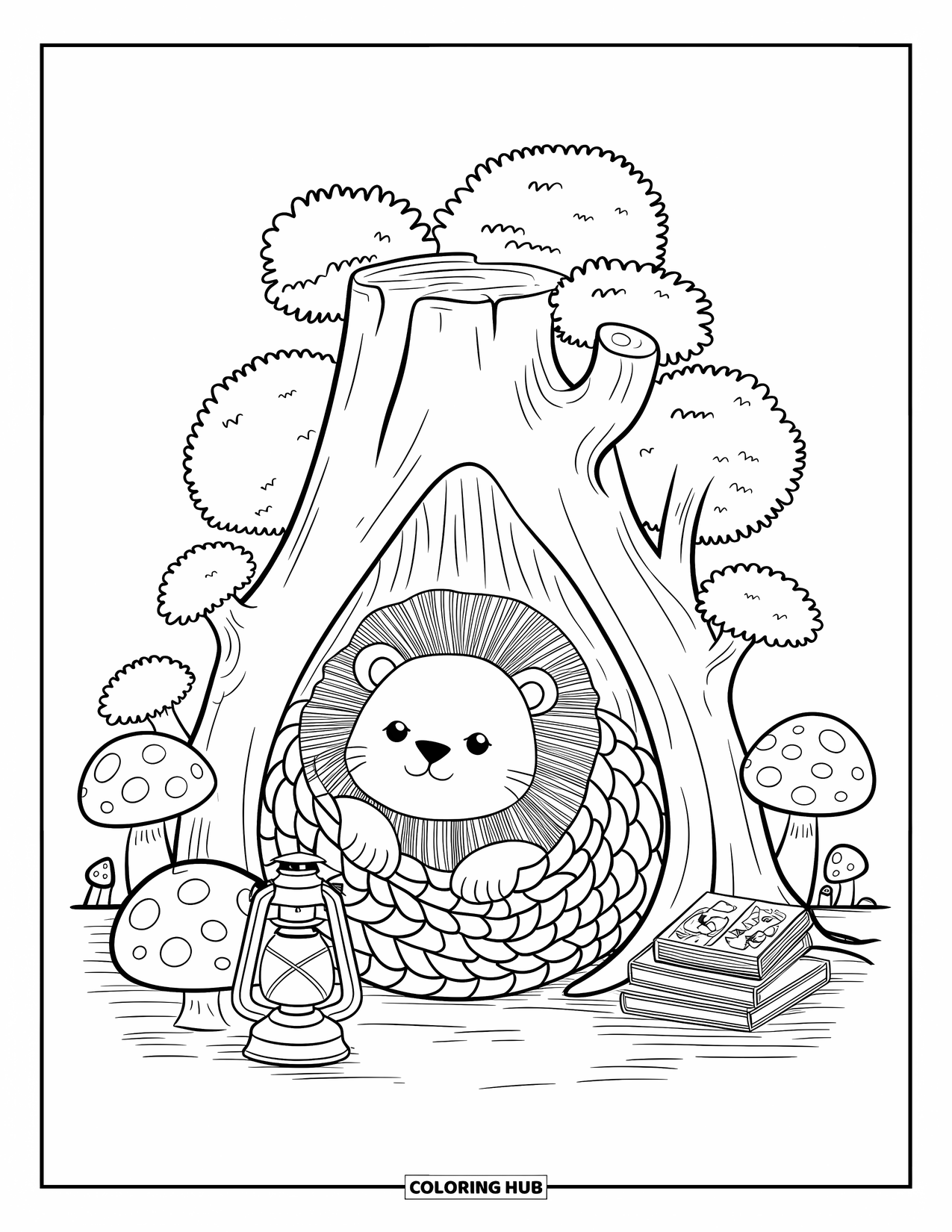 Wild Animal Coloring Page for Adults: A lion cuddles inside a tree trunk den with a blanket, lantern, comic books, and mushrooms