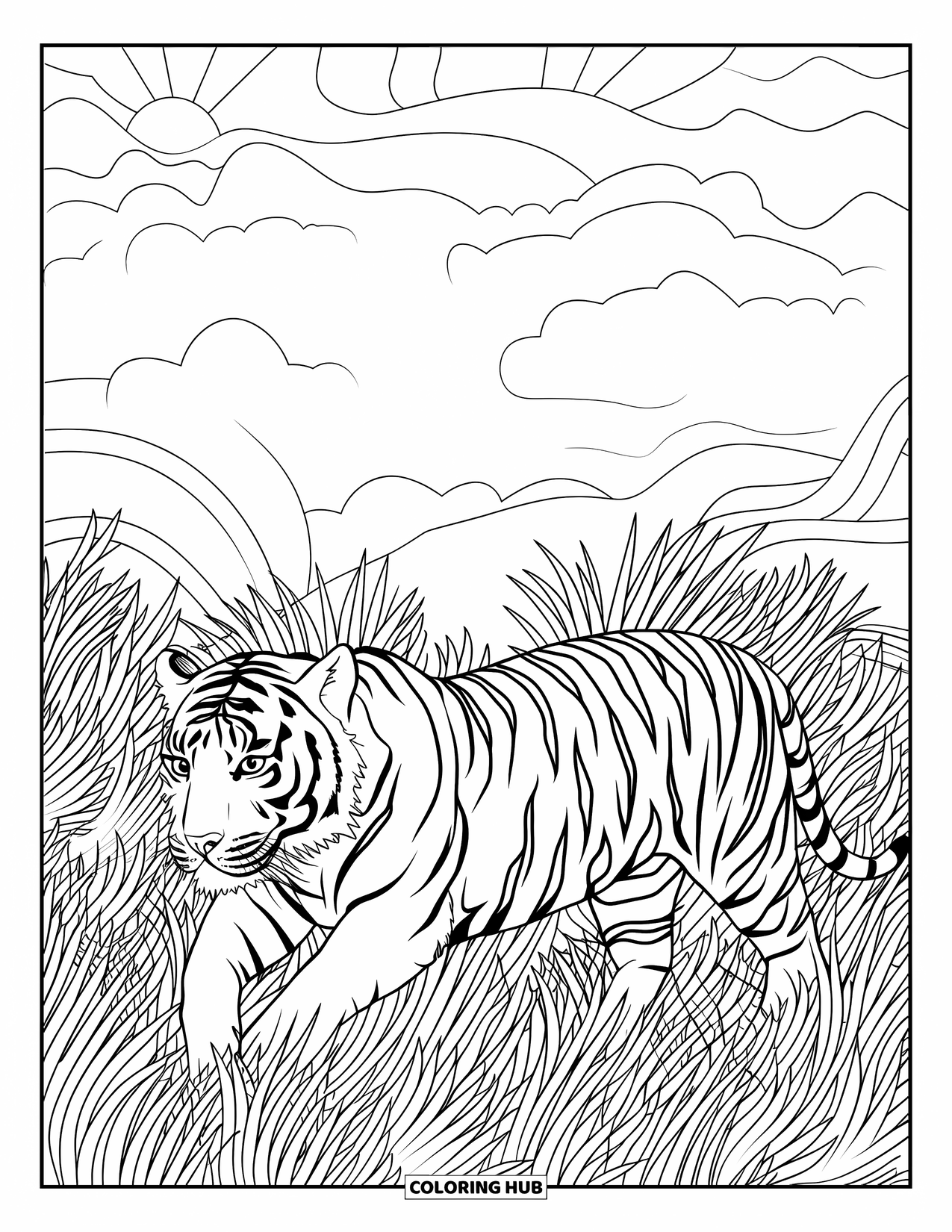 Wild Animal Coloring Page for Adults: A prowling tiger in dense grass with clouds and an abstract sun above