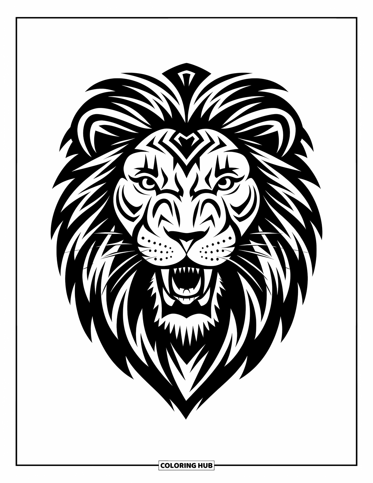 Wild Animal Coloring Page for Adults: A roaring lion's face shows tribal patterns and swirling nature designs