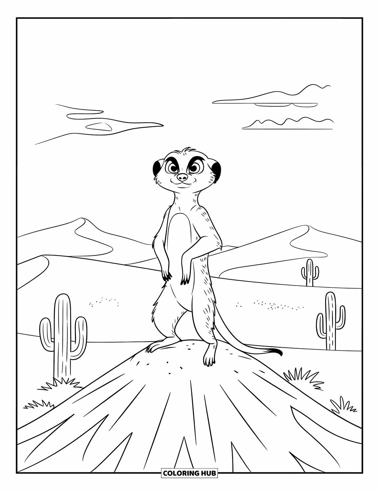 Wild Animal Coloring Page for Adults: A watchful meerkat on a mound surrounded by dunes, cacti, and a few clouds