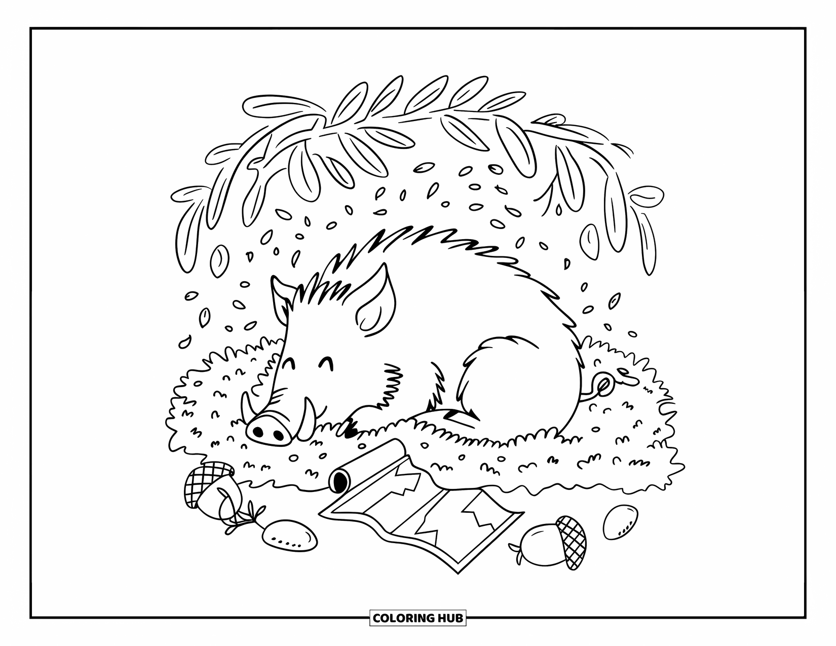 Wild Animal Coloring Page for Adults: A wild boar curls up in moss beneath leaves with a map and scattered acorns