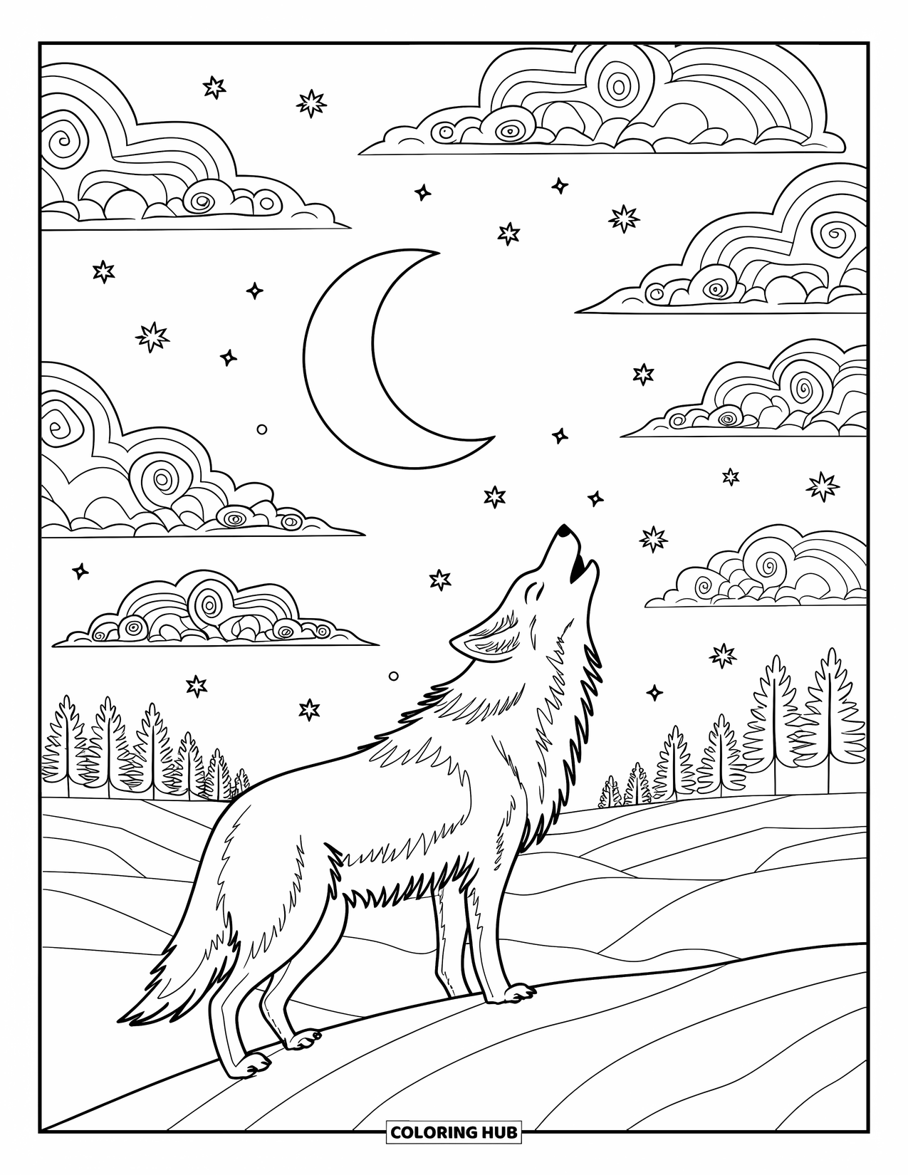 Wild Animal Coloring Page for Adults: A wolf howls at a crescent moon above snowy ground and forest trees