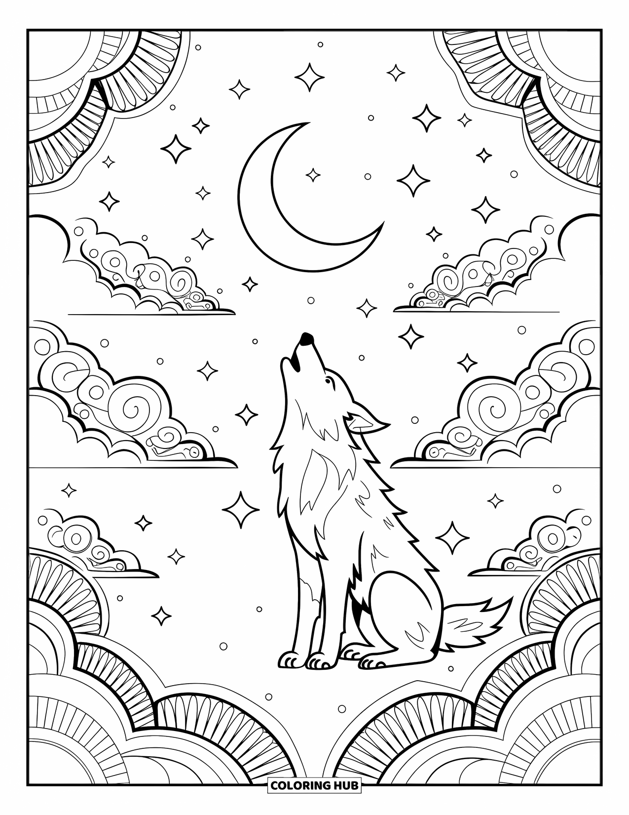 Wild Animal Coloring Page for Adults: A wolf howls at a crescent moon framed by clouds, stars, and a detailed border