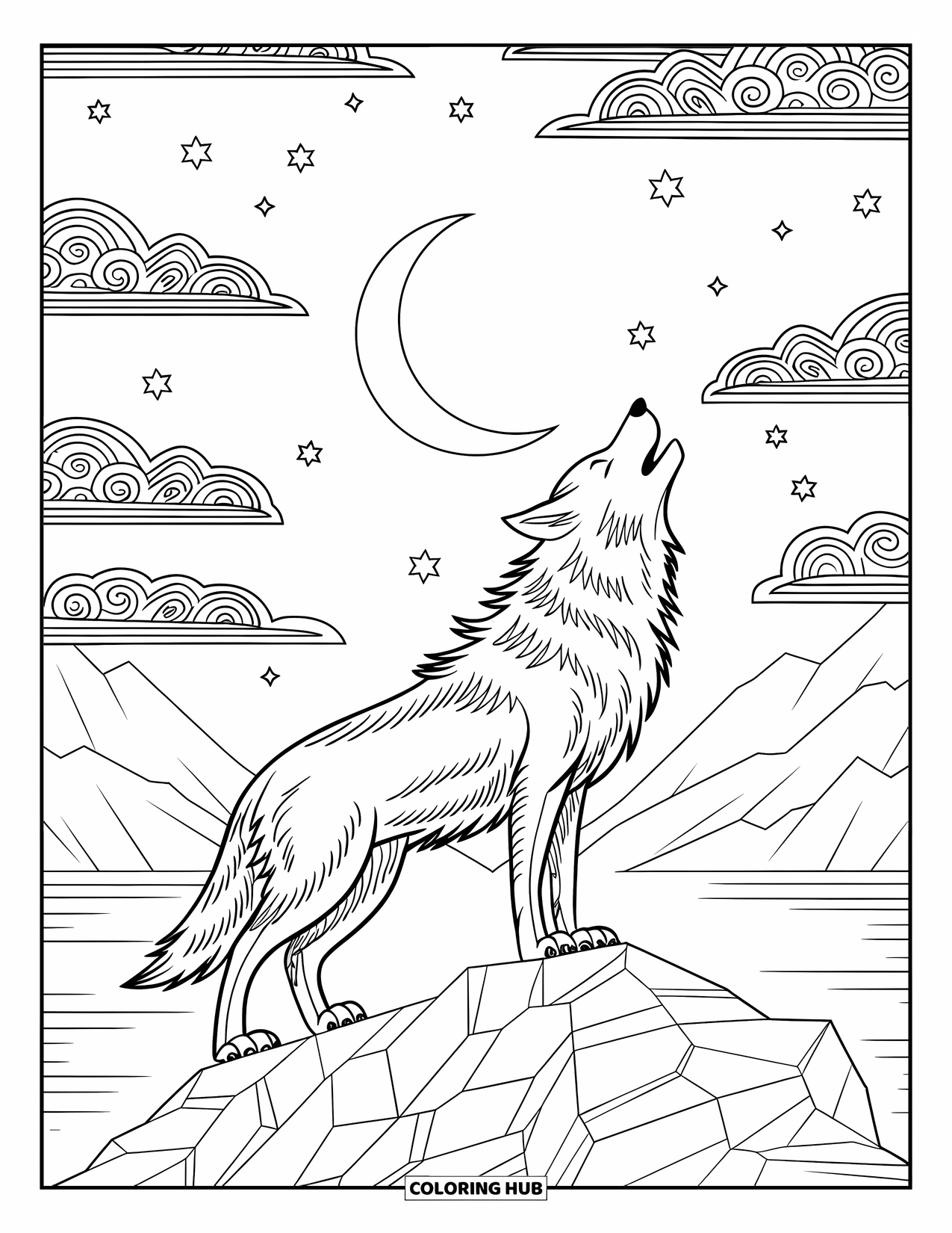 Wild Animal Coloring Page for Adults: A wolf howls at a crescent moon with clouds, stars, mountains, and water around