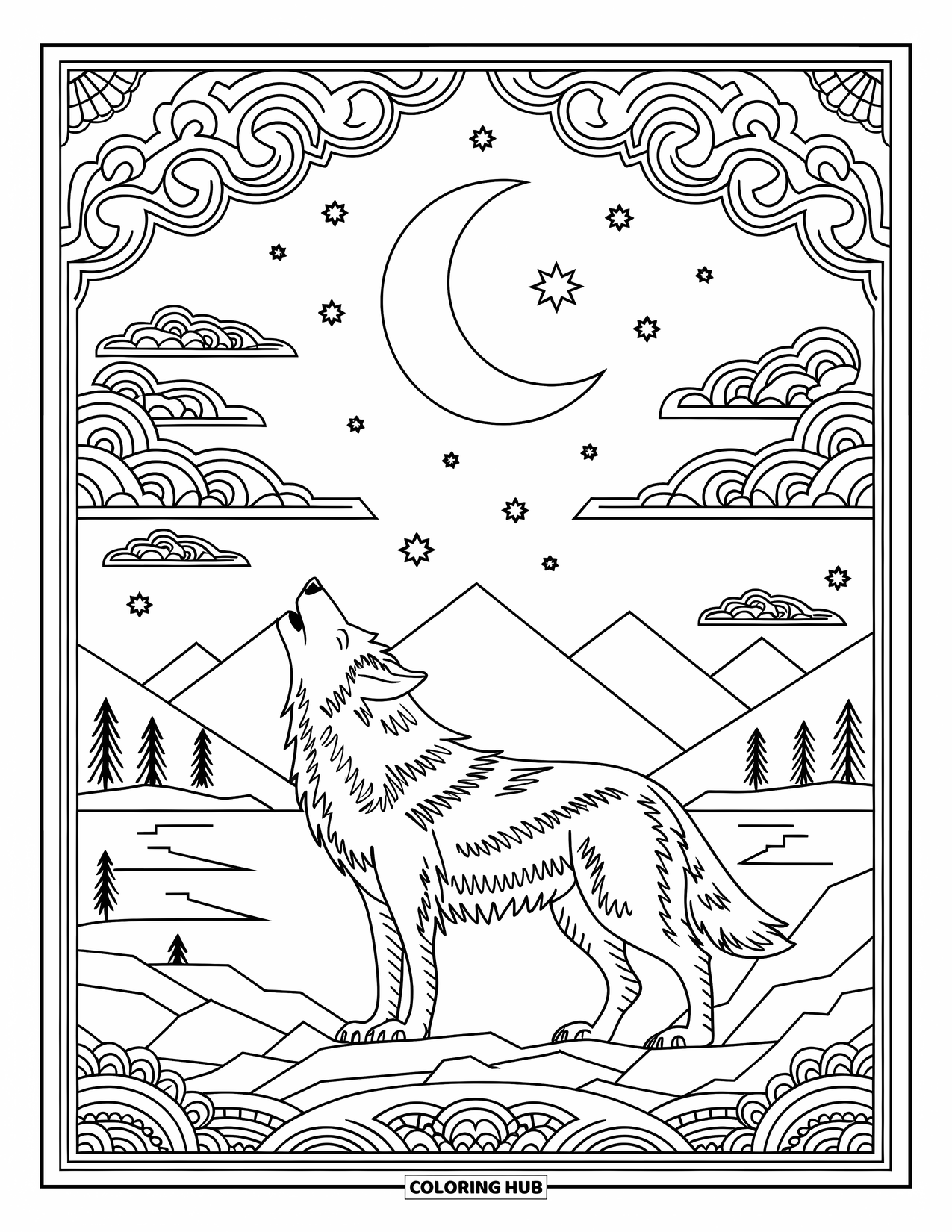 Wild Animal Coloring Page for Adults: A wolf howls at a crescent moon with clouds, stars, mountains, trees, and decorative border
