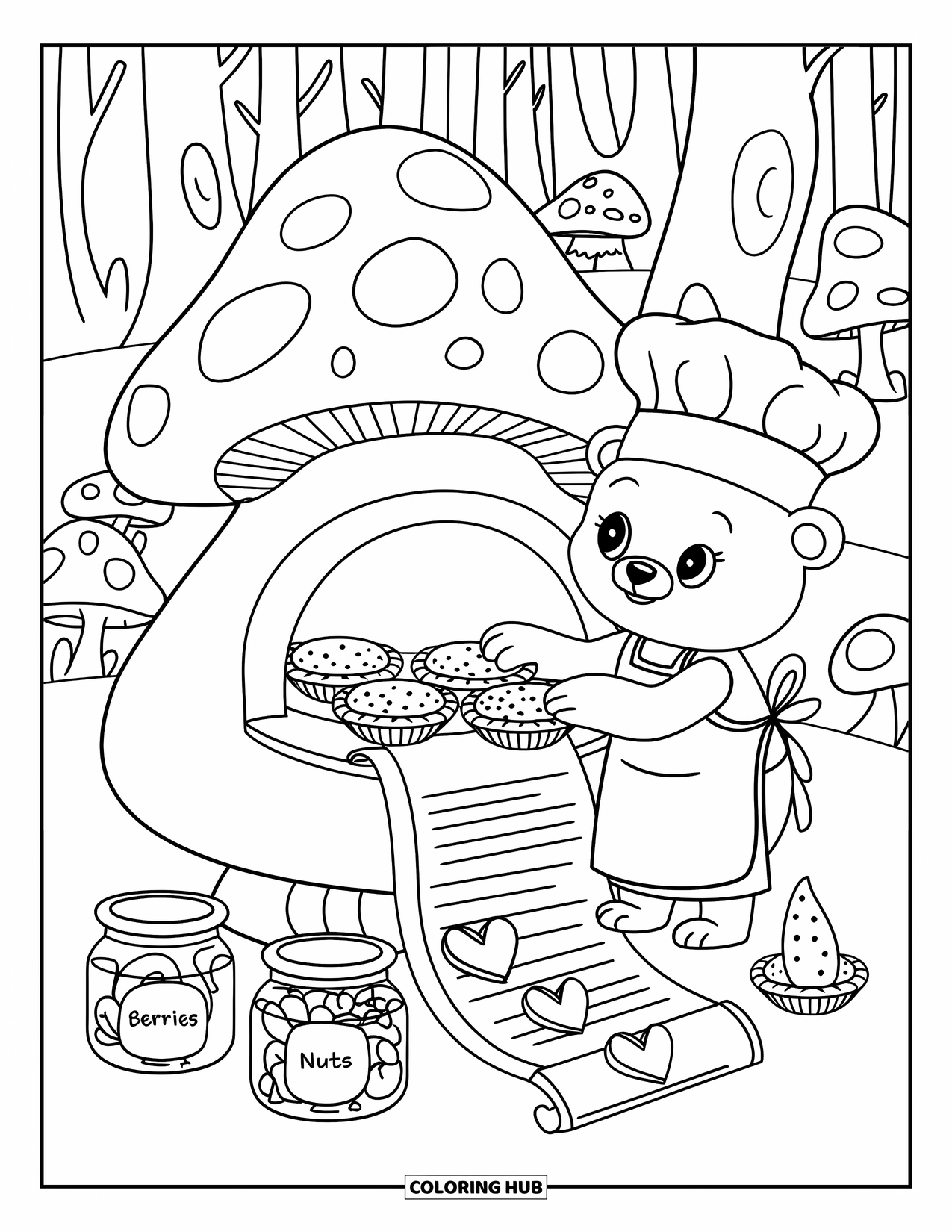 Wild Animal Coloring Page for Adults: A young bear bakes tiny pies in a mushroom oven with a scroll, cutters, and berry jars