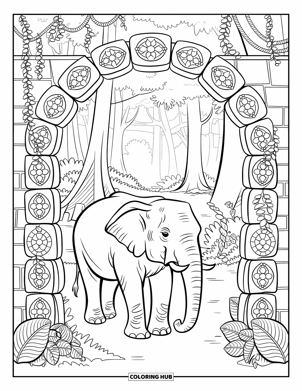 Wild Animal Coloring Page for Adults: An elephant passes through a stone jungle gate with carvings, vines, and tall trees