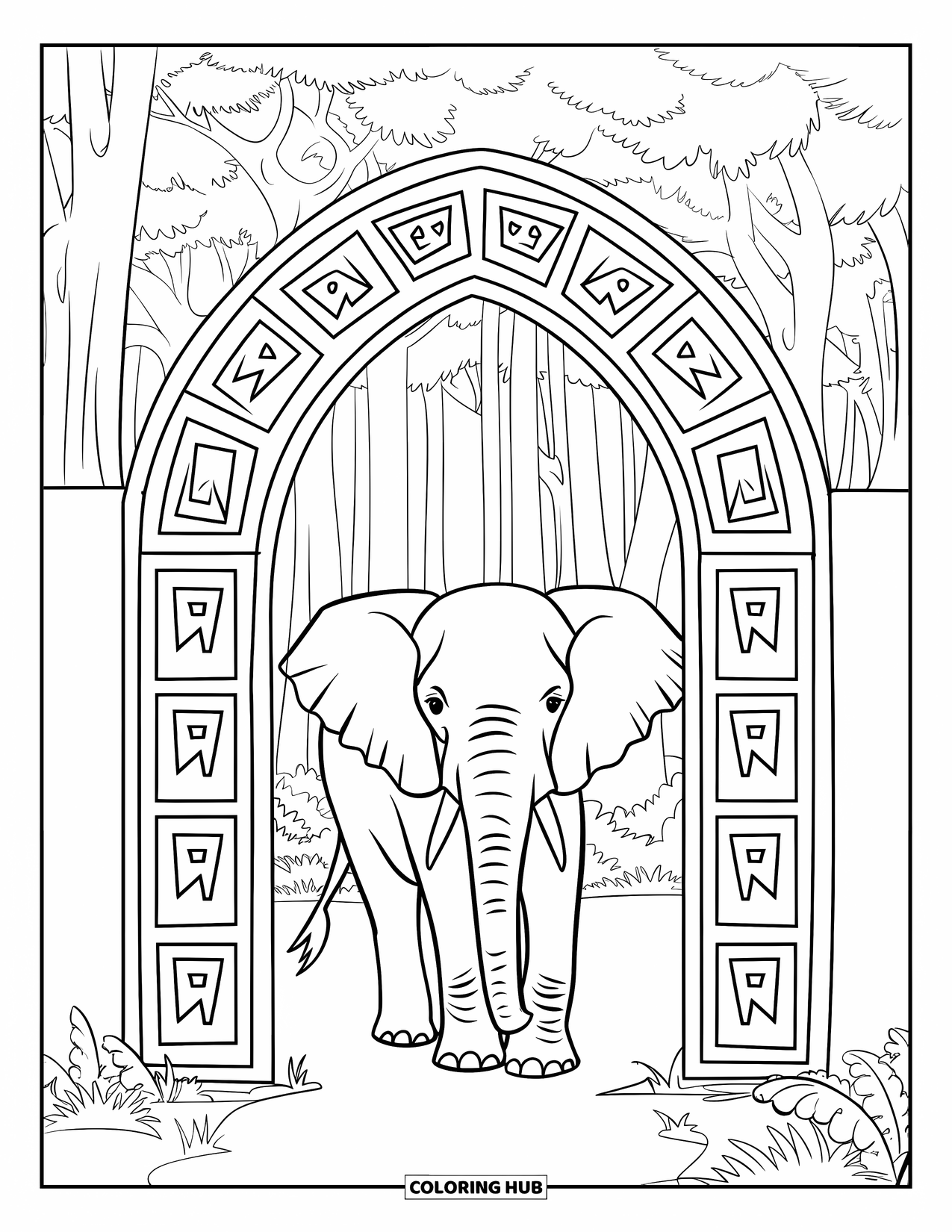 Wild Animal Coloring Page for Adults: An elephant walks through an arched jungle gate carved with symmetrical symbols and tall trees