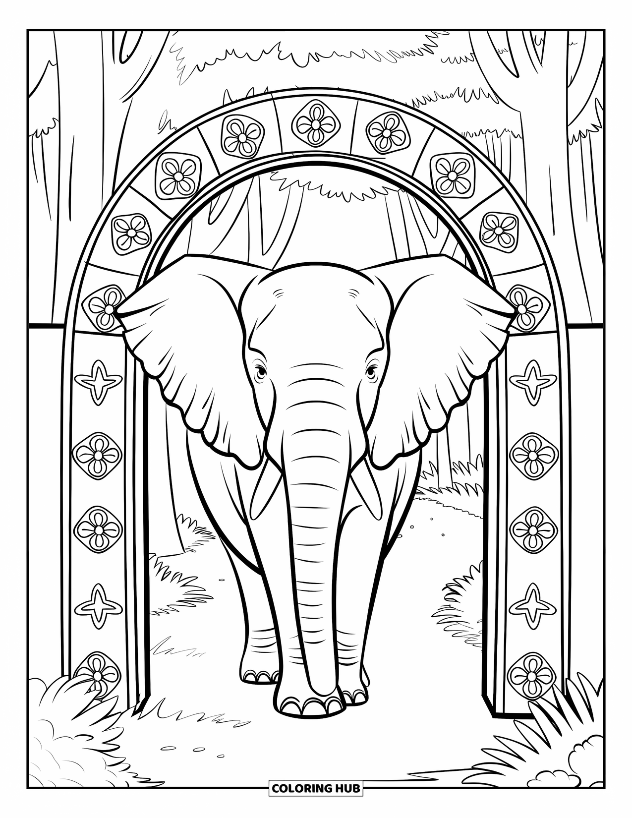 Wild Animal Coloring Page for Adults: An elephant walks through an arched jungle gate with symbols and tall trees
