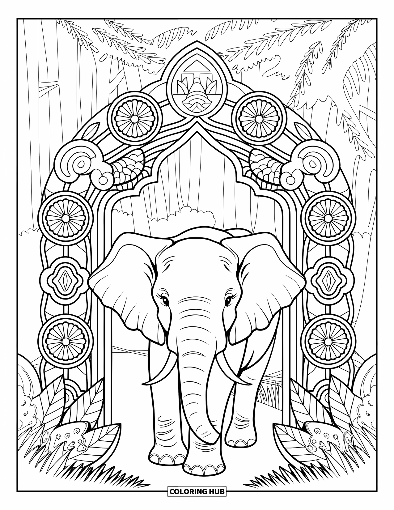 Wild Animal Coloring Page for Adults: An elephant with a bell walks through a carved jungle gate surrounded by greenery