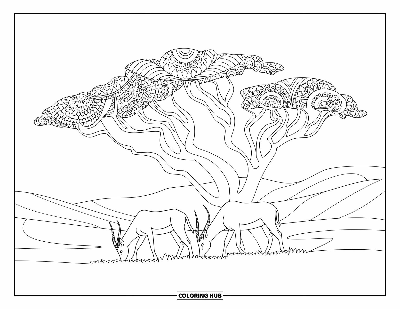 Wild Animal Coloring Page for Adults: Antelopes graze under a twisted acacia tree with rolling hills behind