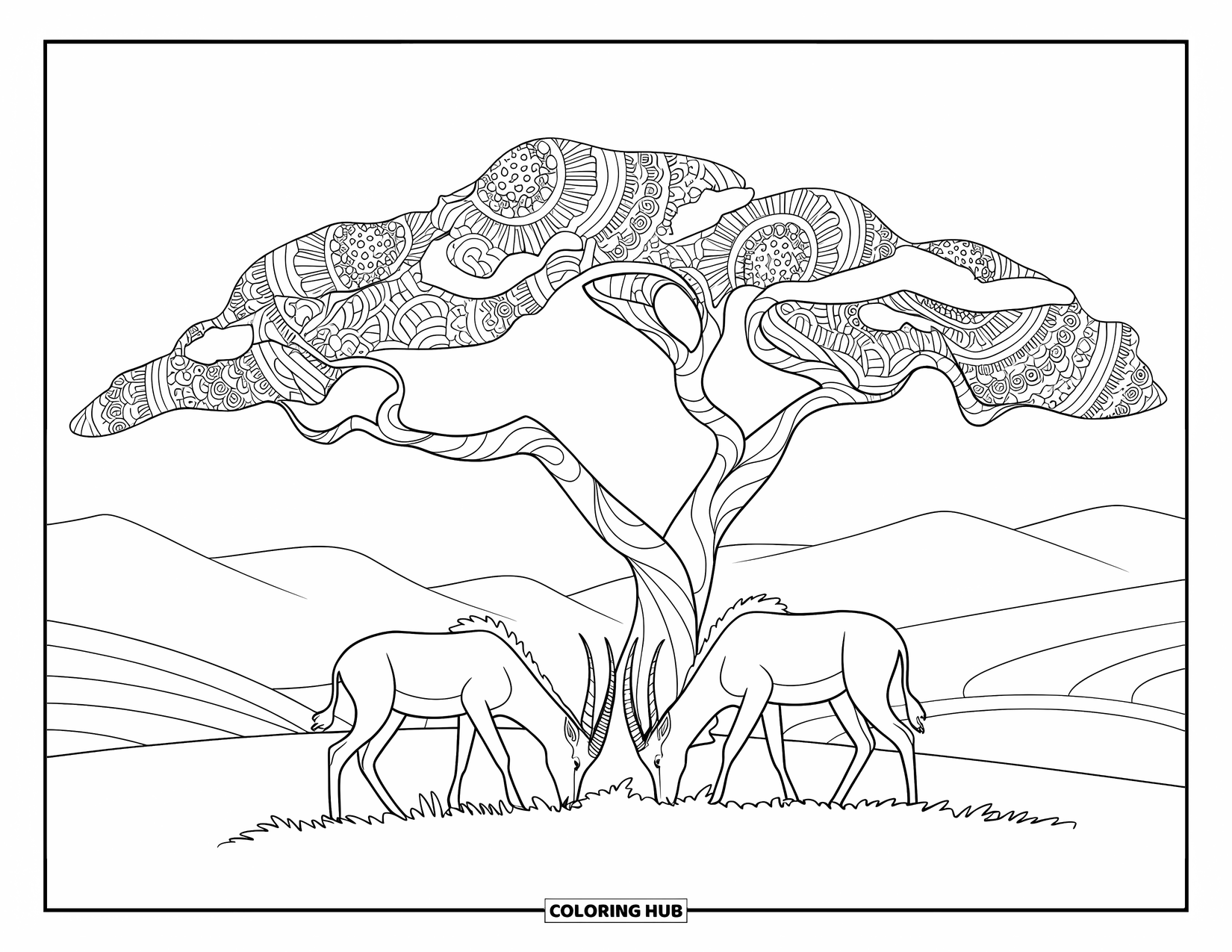 Wild Animal Coloring Page for Adults: Two antelopes graze under a twisted acacia tree with mandala-like branches