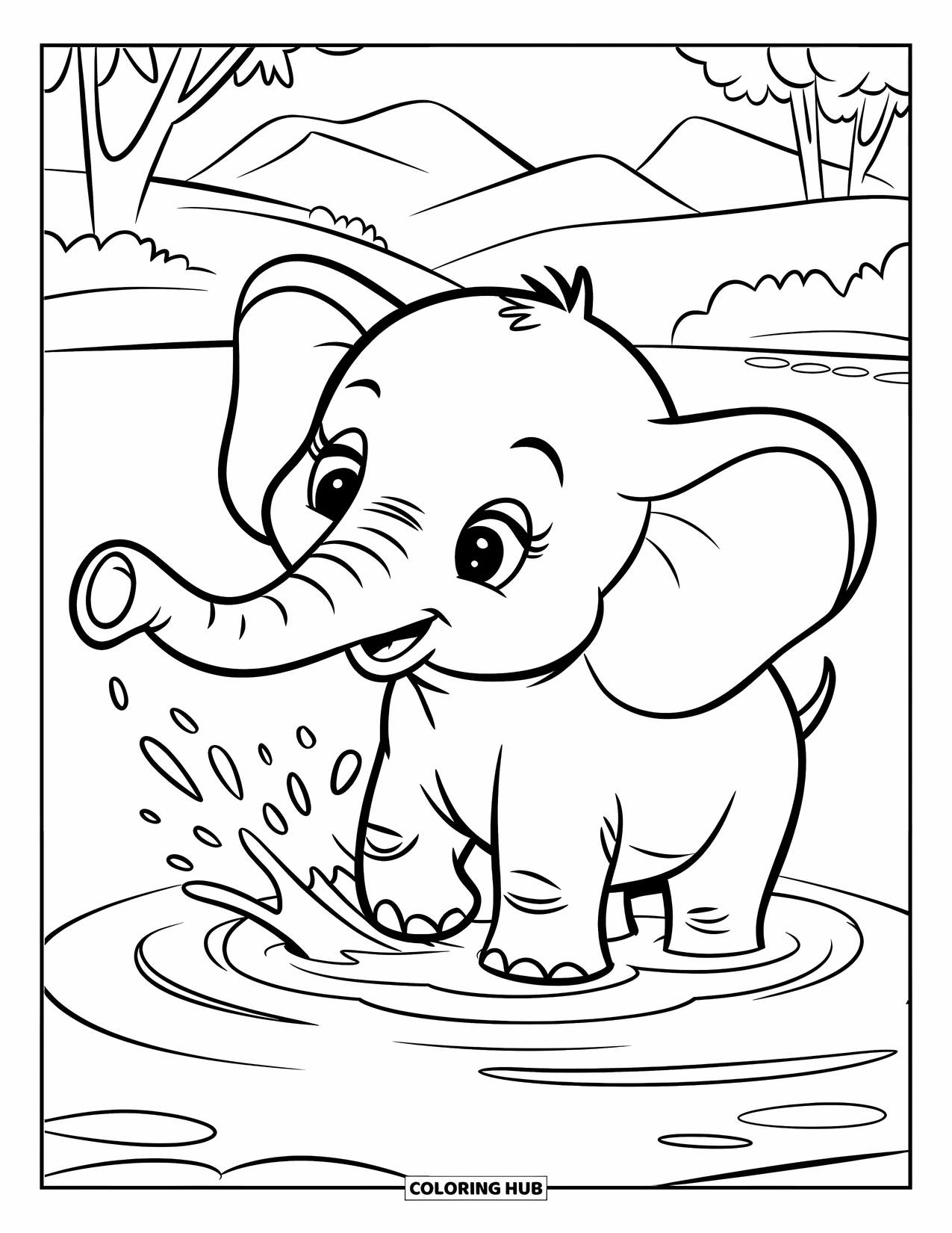 Wild Animal Coloring Page for Kids: A baby elephant splashes water with its trunk while standing near trees and mountains