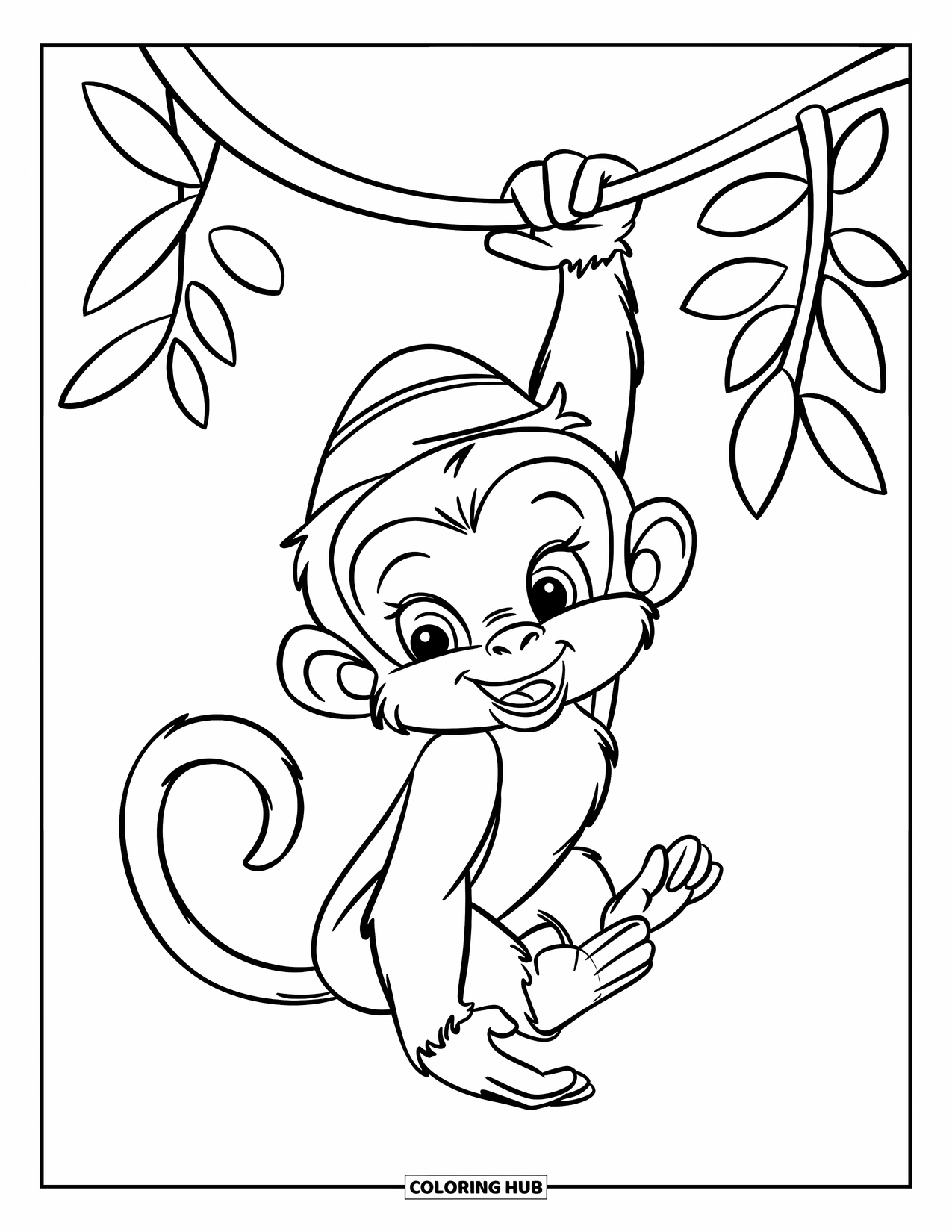 Wild Animal Coloring Page for Kids: A baby monkey in a tiny hat hangs from a vine with a playful, simple look