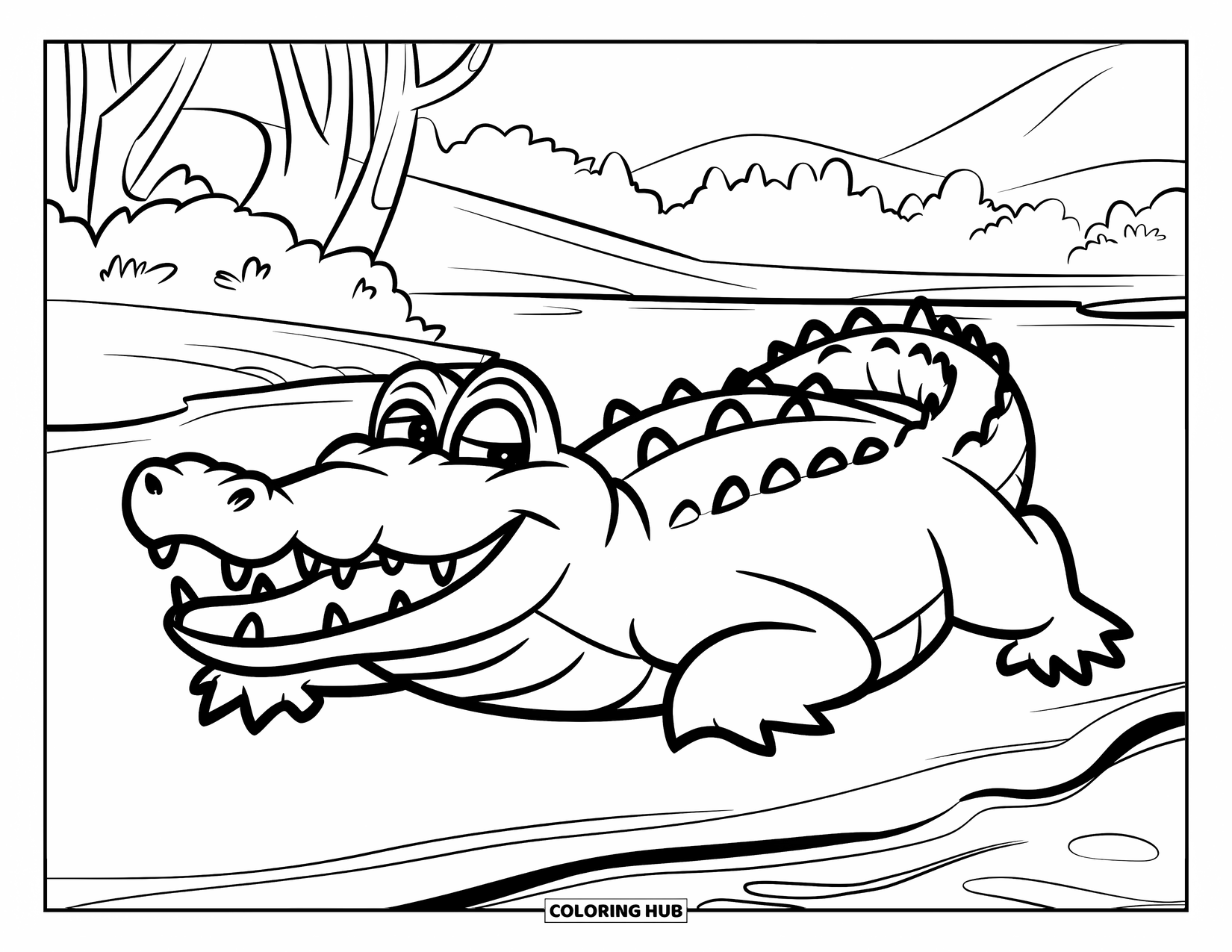 Wild Animal Coloring Page for Kids: A crocodile with a big grin lies by a river with trees and mountains behind