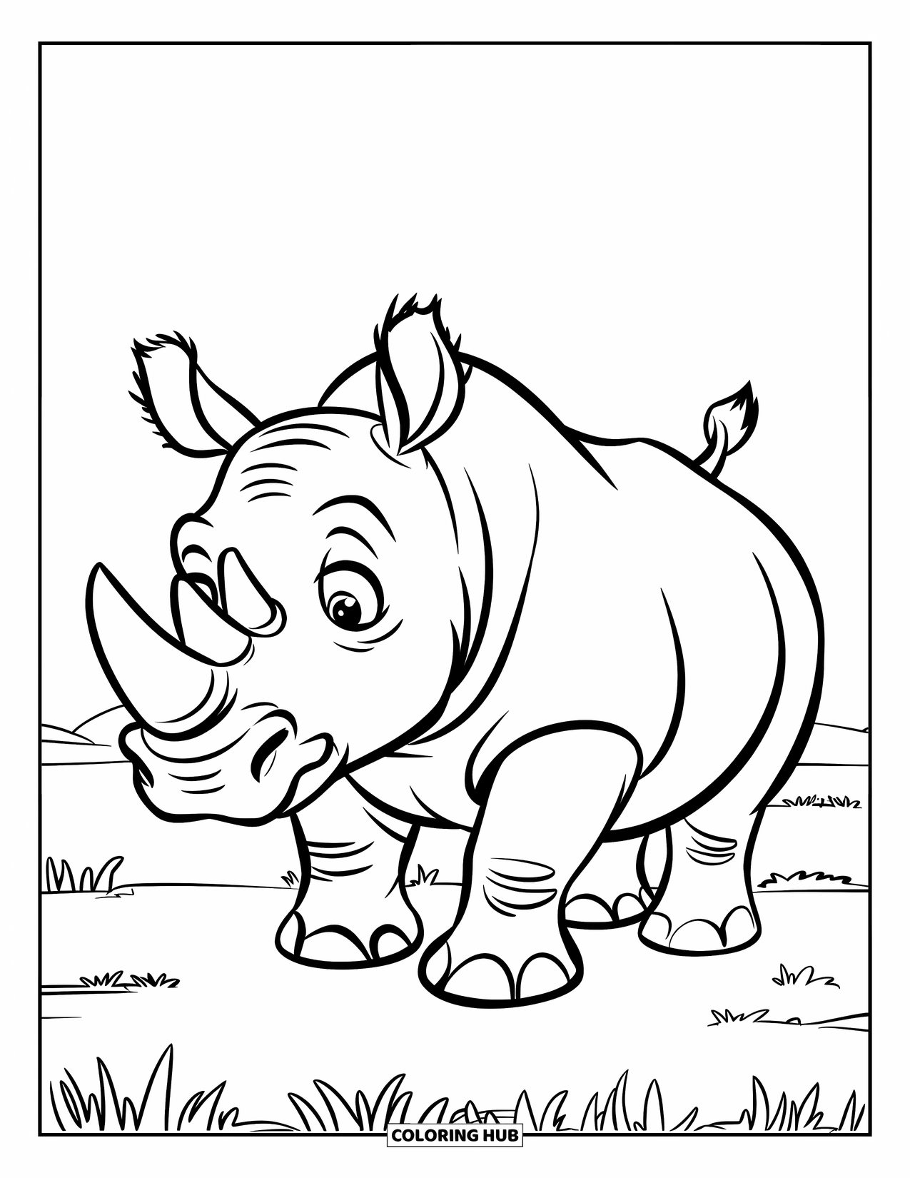 Wild Animal Coloring Page for Kids: A curious rhino with tiny ears and round horn stands in grass under a clear sky