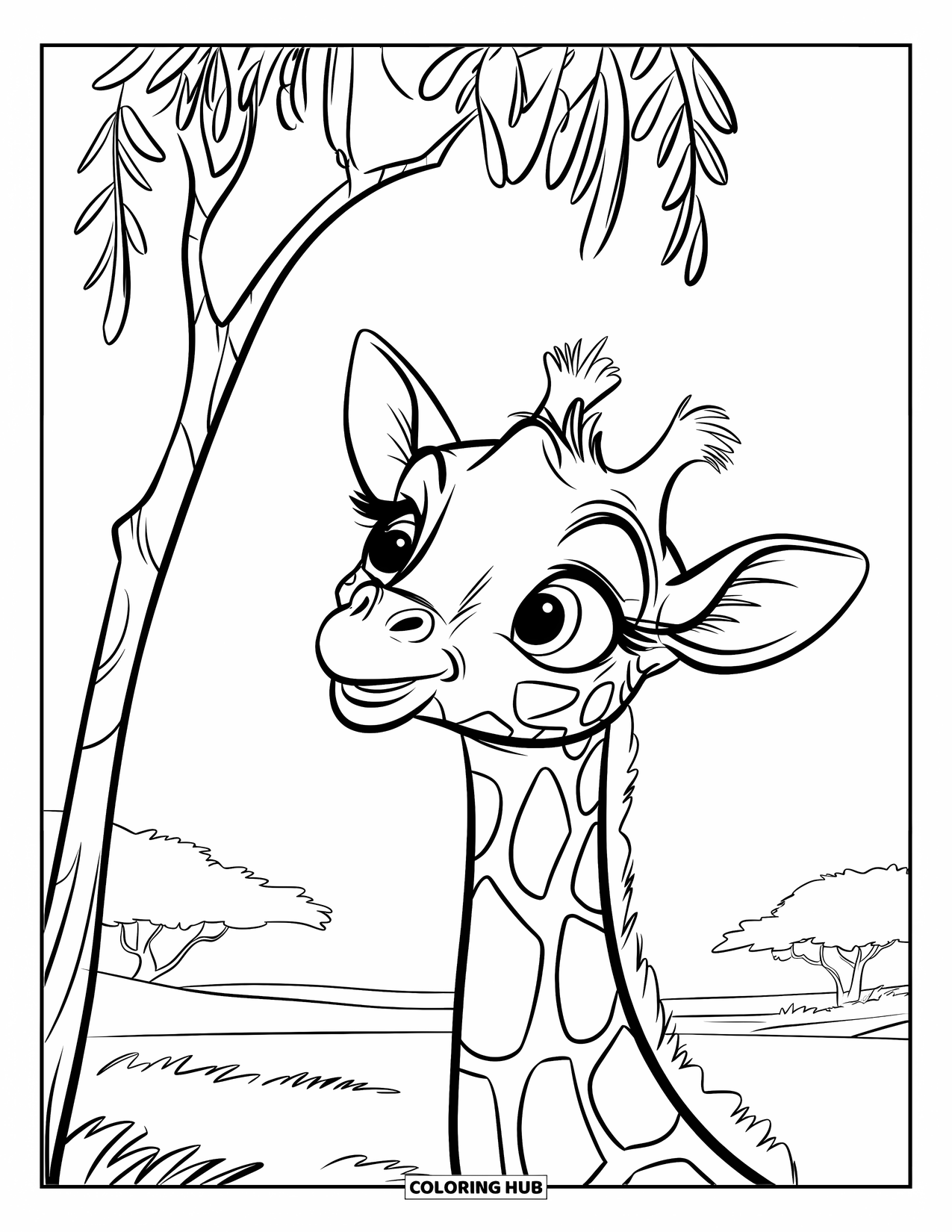 Wild Animal Coloring Page for Kids: A cute young giraffe tilts its head up at a tall tree on an open savanna