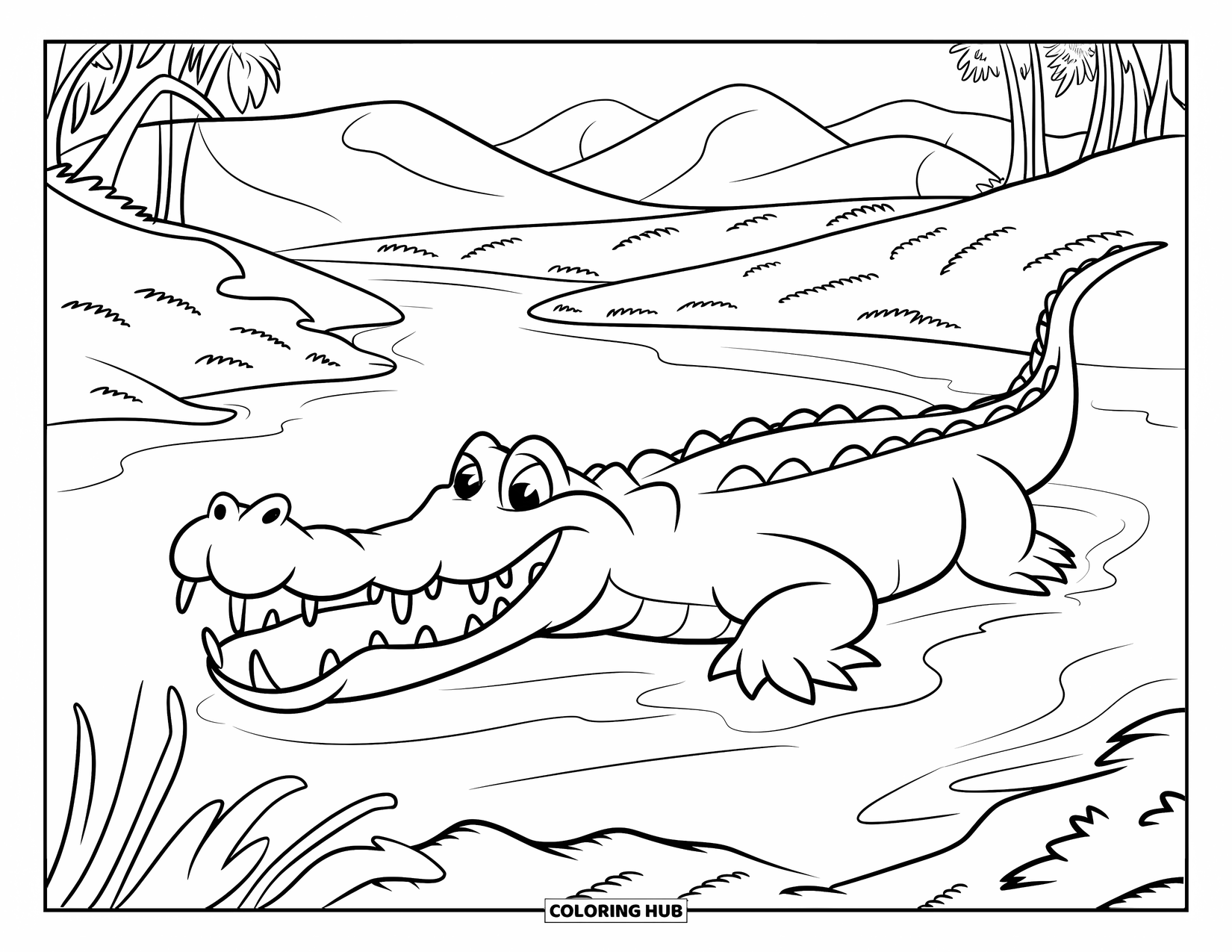 Wild Animal Coloring Page for Kids: A grinning crocodile with sharp teeth rests by a winding river and lush greenery