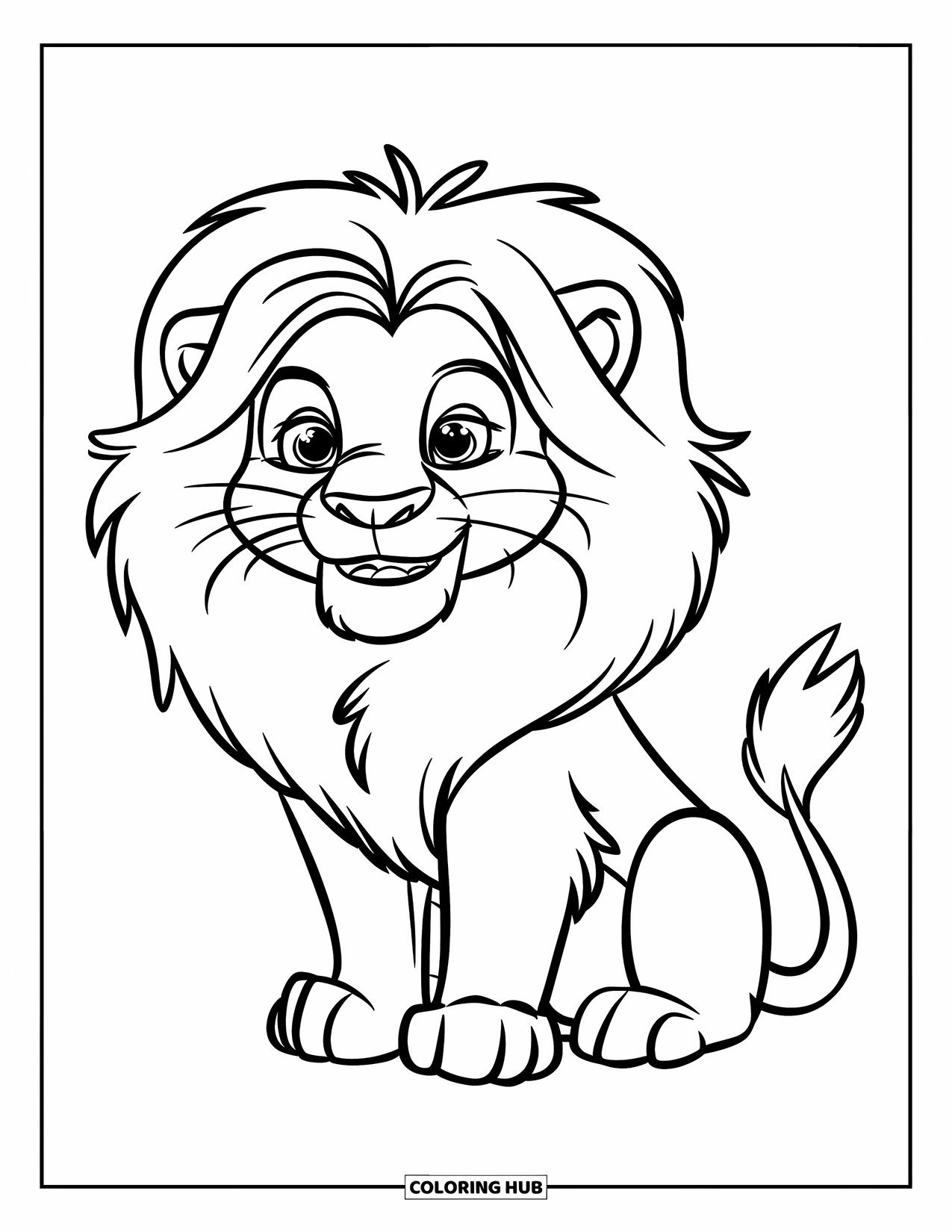 Wild Animal Coloring Page for Kids: A happy lion with a fluffy mane sits calmly, looking playful and content