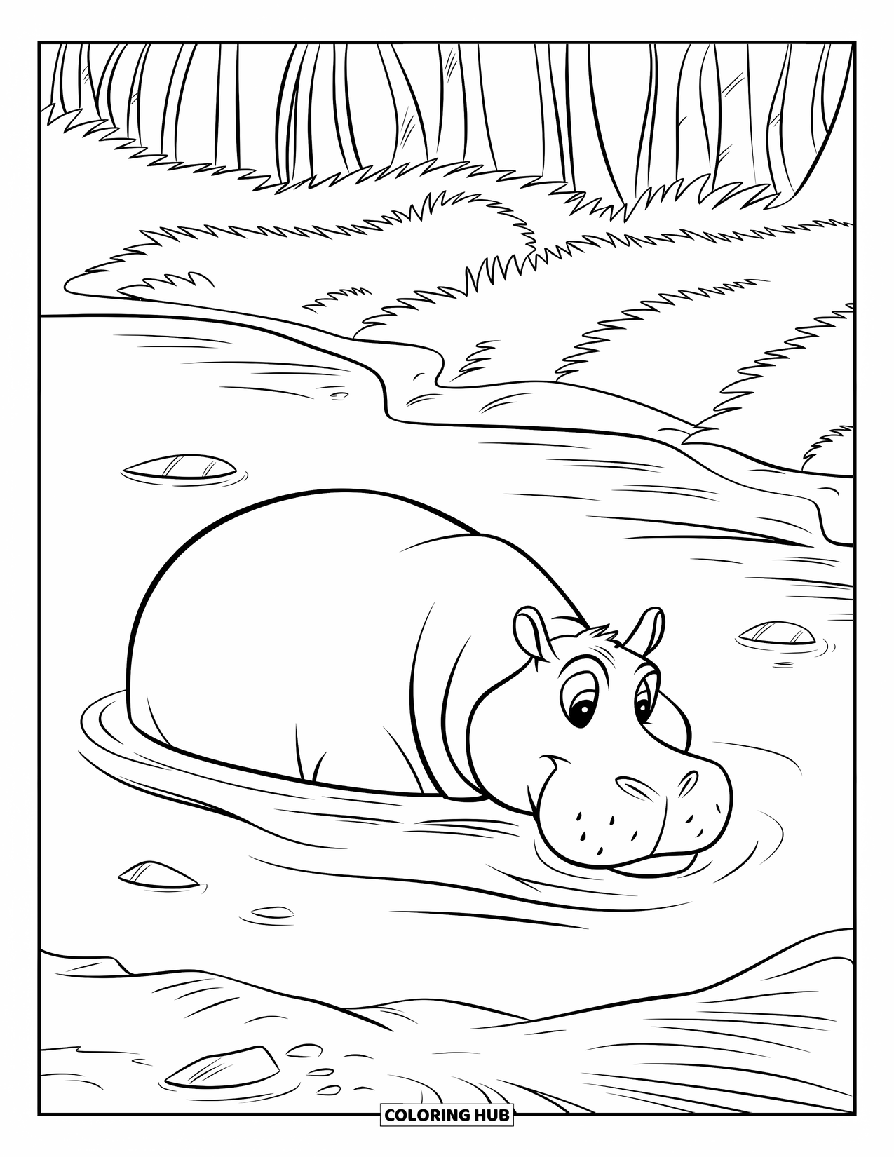 Wild Animal Coloring Page for Kids: A hippo half-submerged in a river with rocks and surrounded by a forest