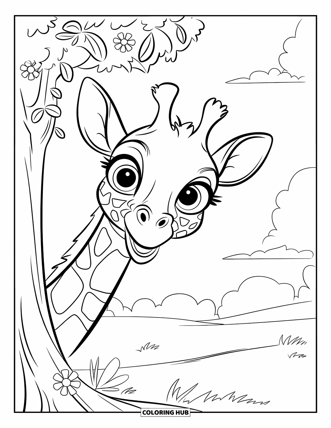 Wild Animal Coloring Page for Kids: A joyful giraffe peeks behind a leafy tree with flowers and fluffy clouds above