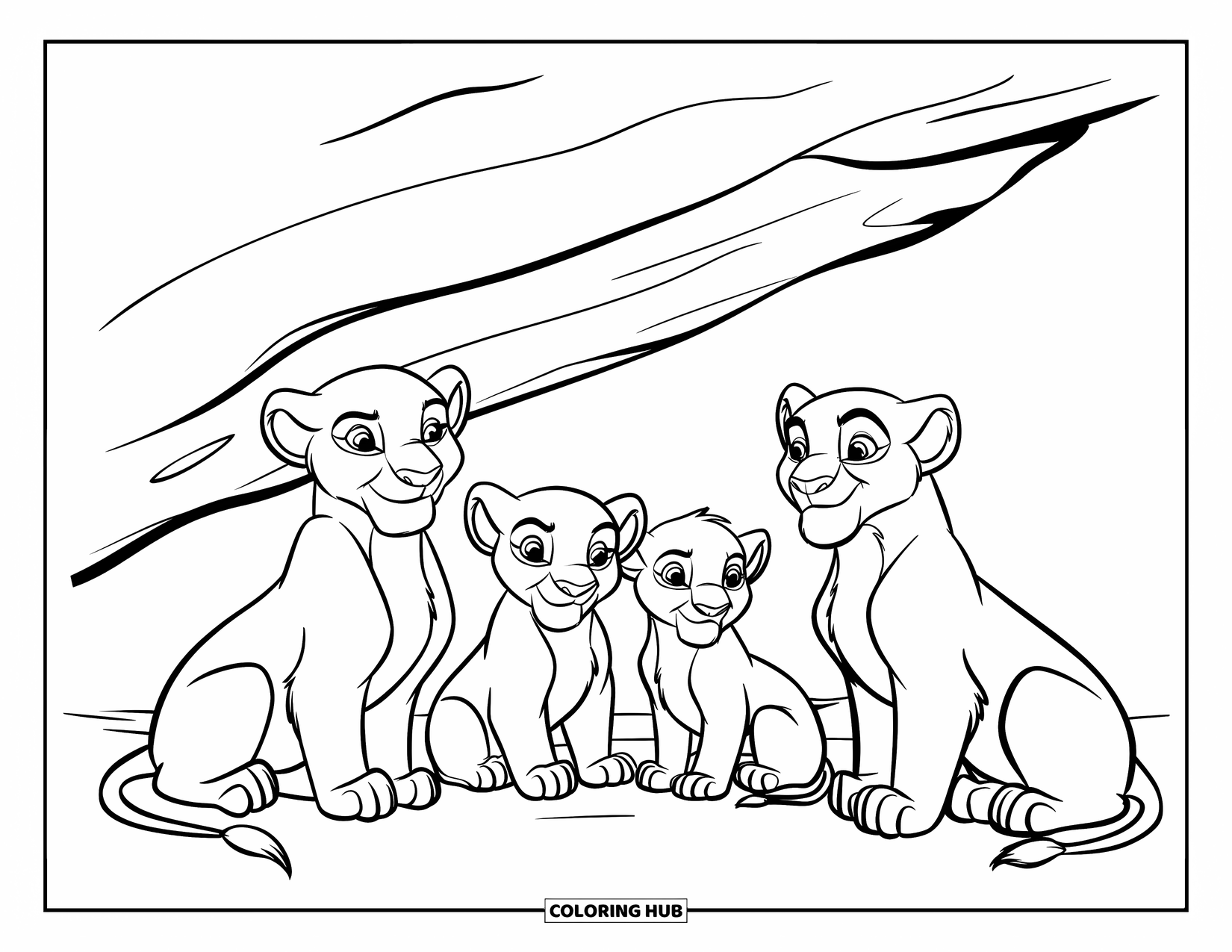 Wild Animal Coloring Page for Kids: A lion family sits in a semi-circle under a shady rock with bold outlines