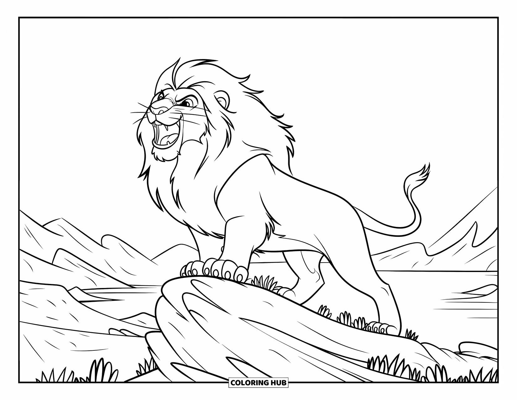 Wild Animal Coloring Page for Kids: A lion roars proudly atop a rocky hill with mountains, trees, and water below