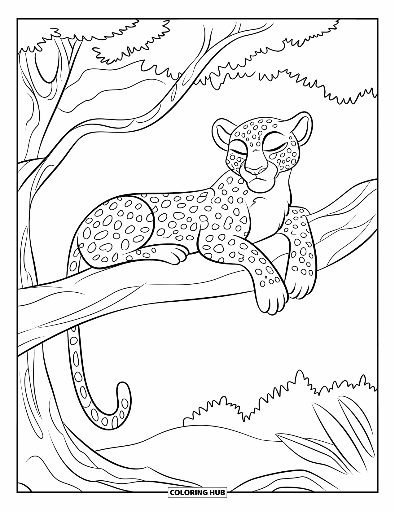 Wild Animal Coloring Page for Kids: A peaceful leopard naps on a sturdy tree branch with its tail hanging in a forest