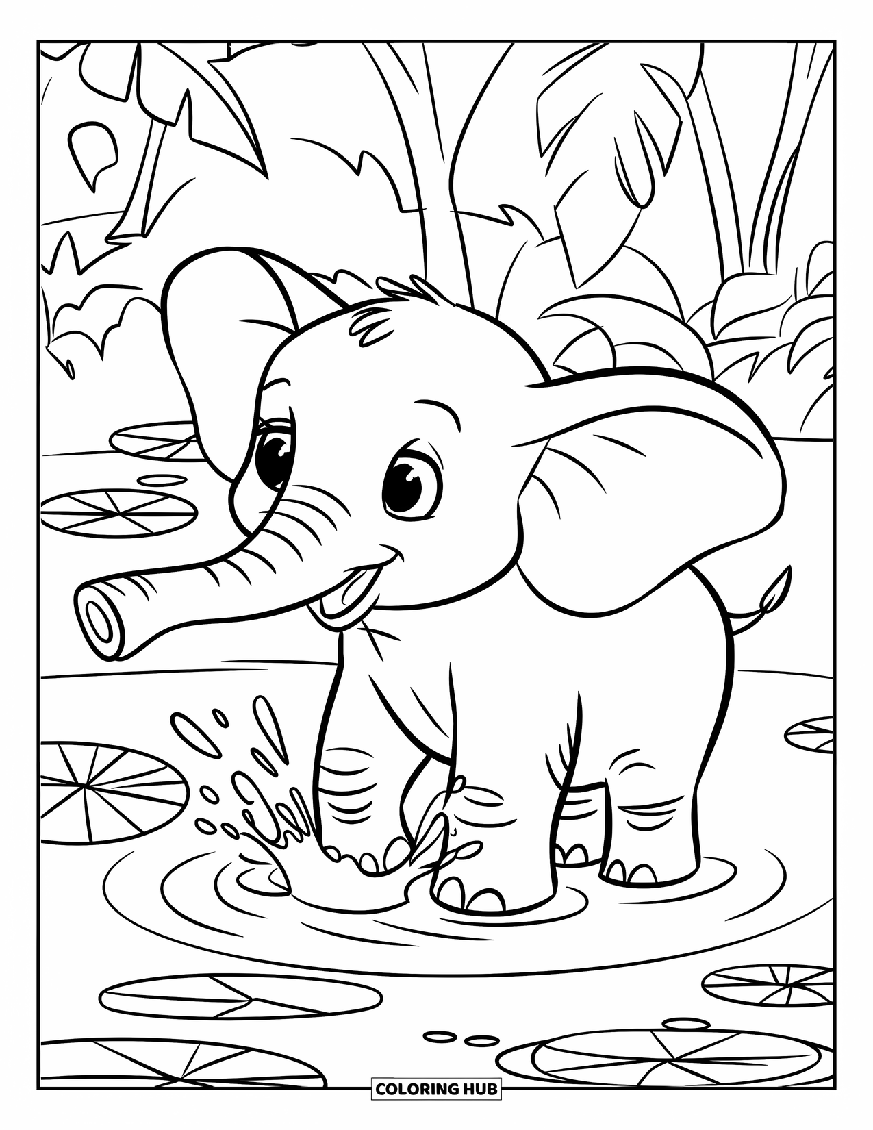 Wild Animal Coloring Page for Kids: A playful baby elephant splashes water in a pond with lily pads and leafy trees
