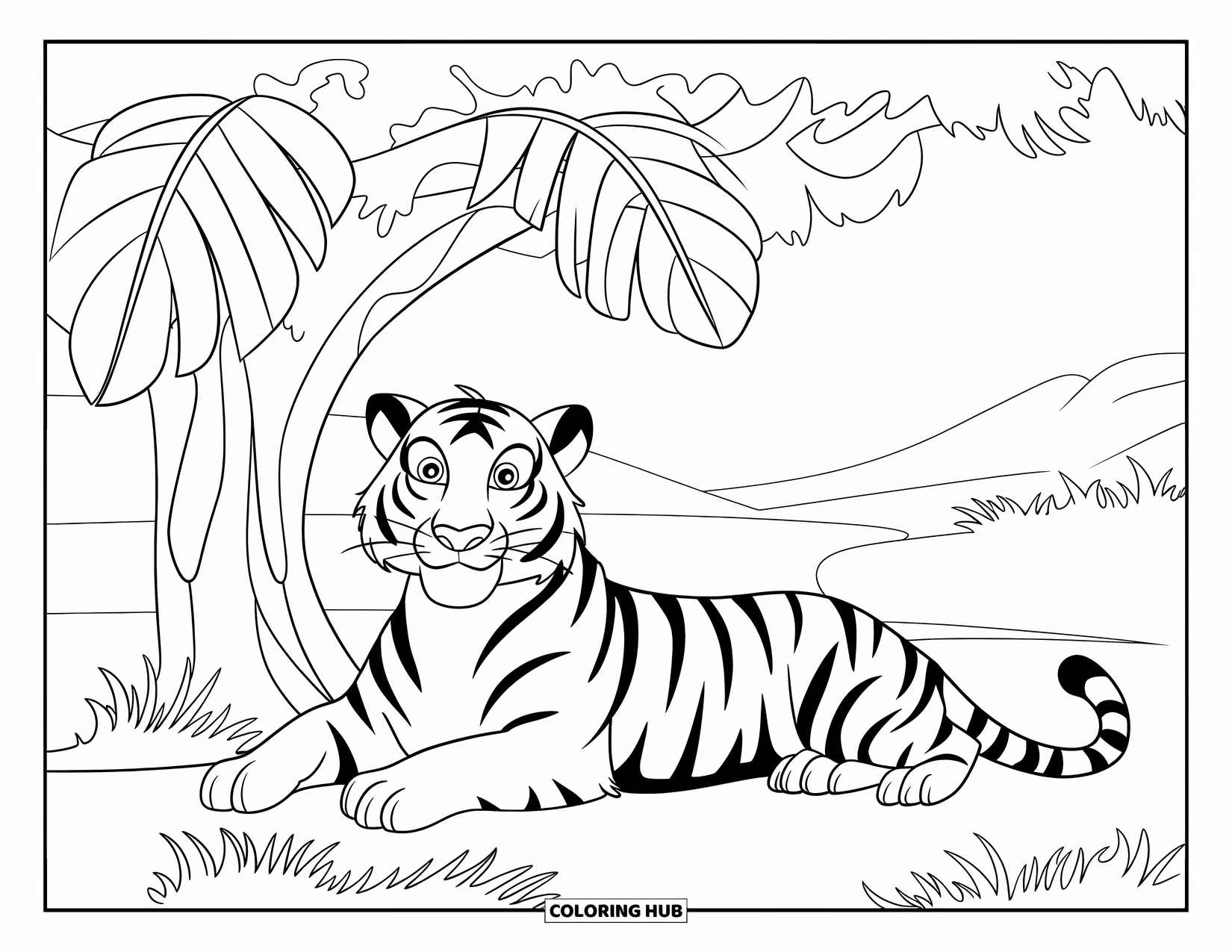 Wild Animal Coloring Page for Kids: A playful tiger lies beside a tree with big leaves on grassy savannah hills