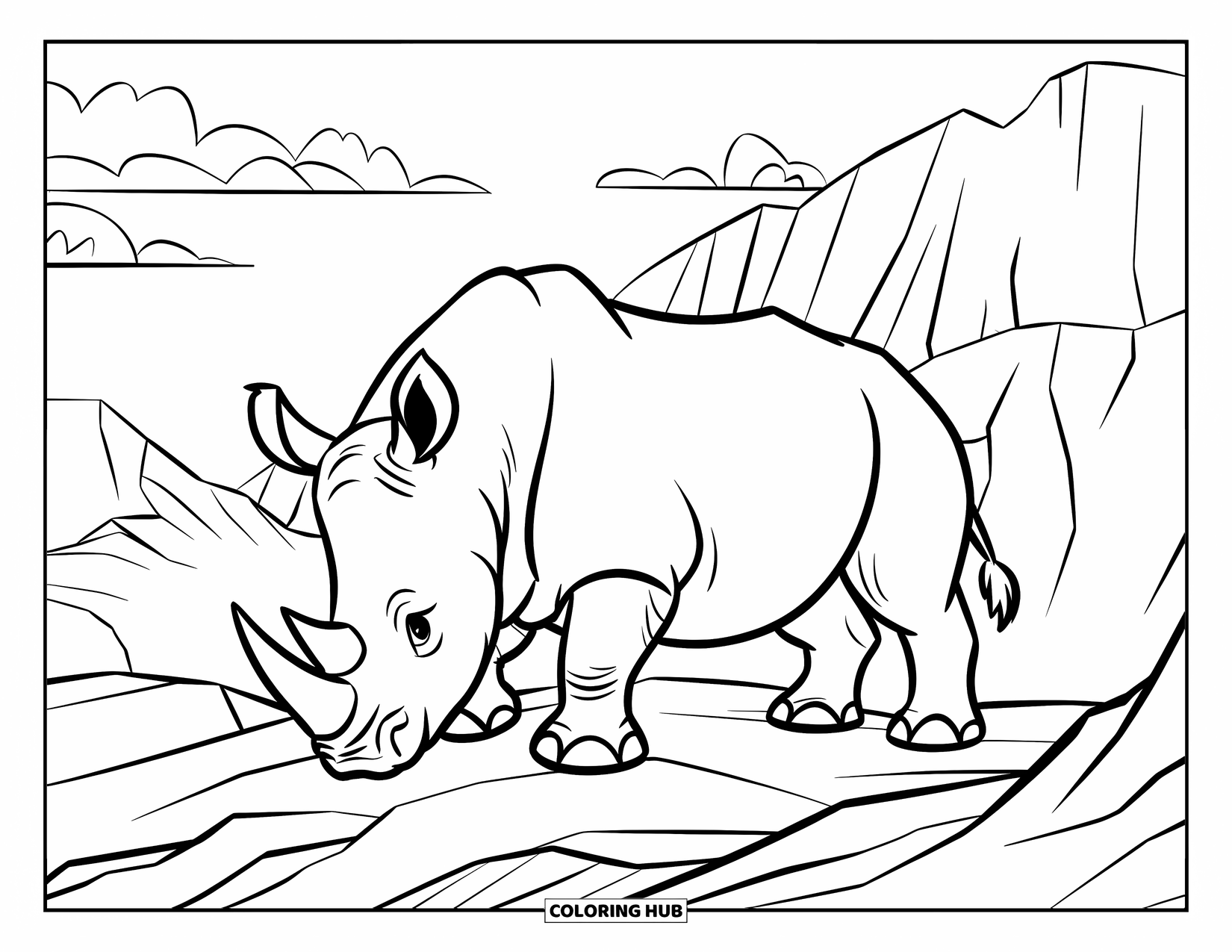 Wild Animal Coloring Page for Kids: A rhino lowers its head on rugged terrain with cliffs, boulders, and fluffy clouds