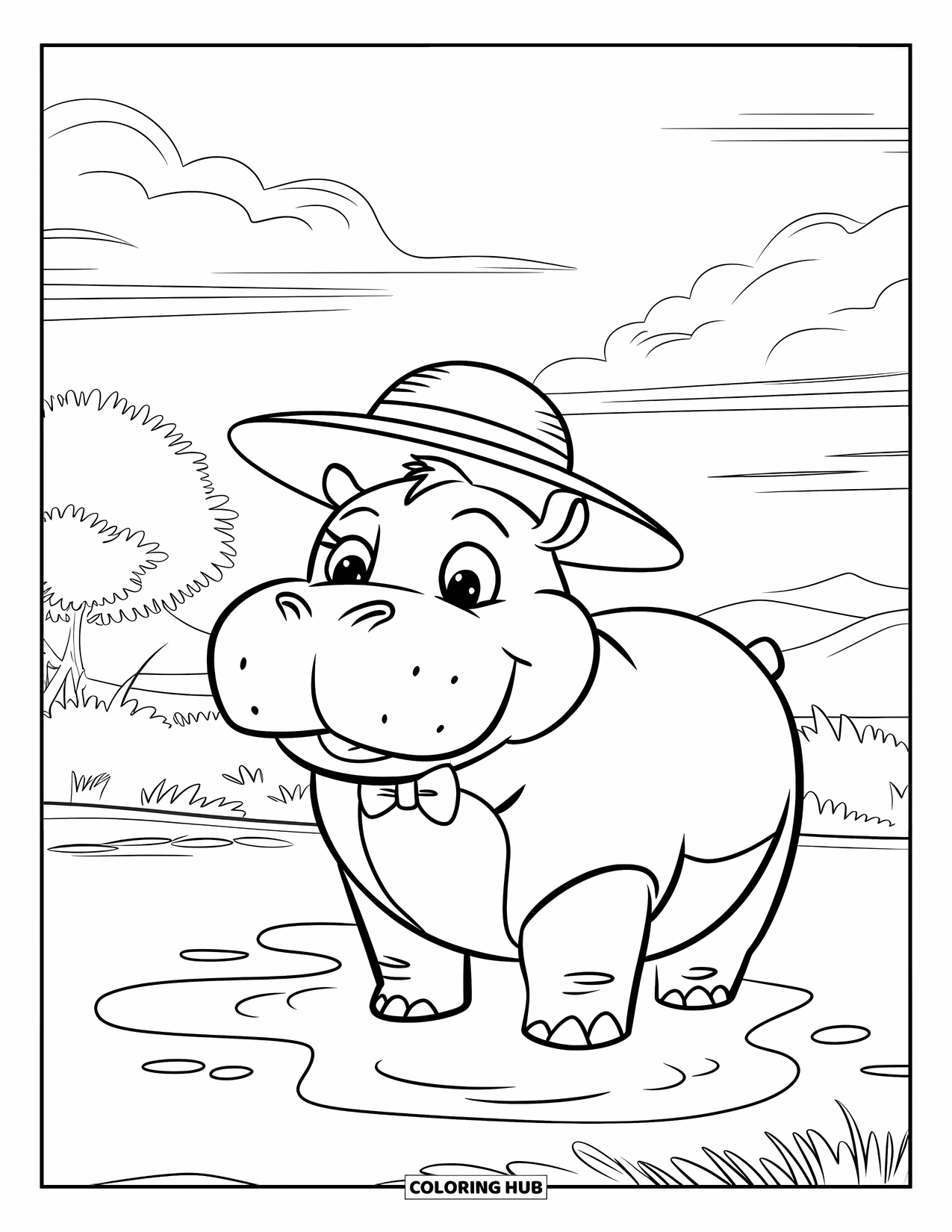 Wild Animal Coloring Page for Kids: A smiling hippo in a straw hat and bowtie stands by a puddle near trees and mountains