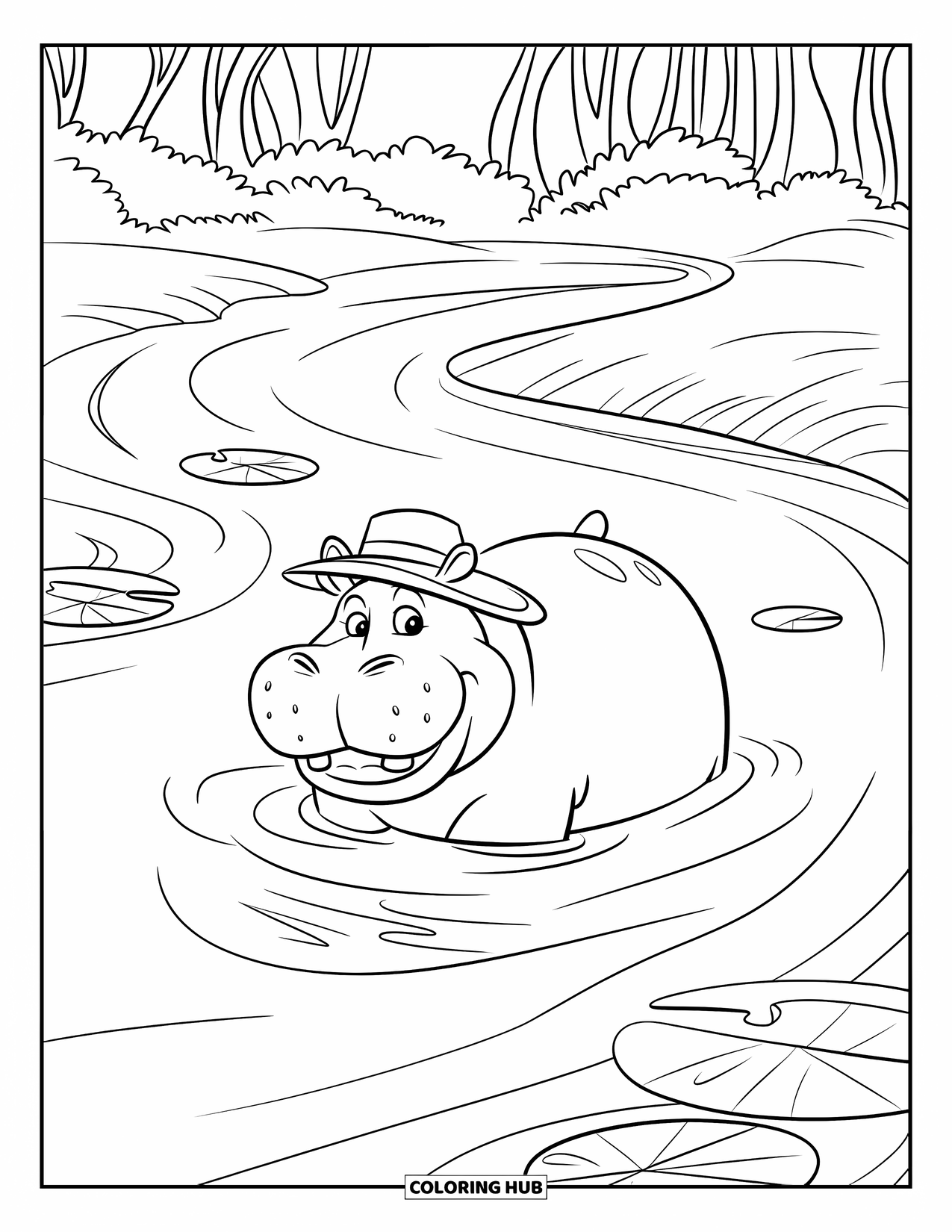 Wild Animal Coloring Page for Kids: A smiling hippo in a straw hat floats among lily pads in a gently flowing river